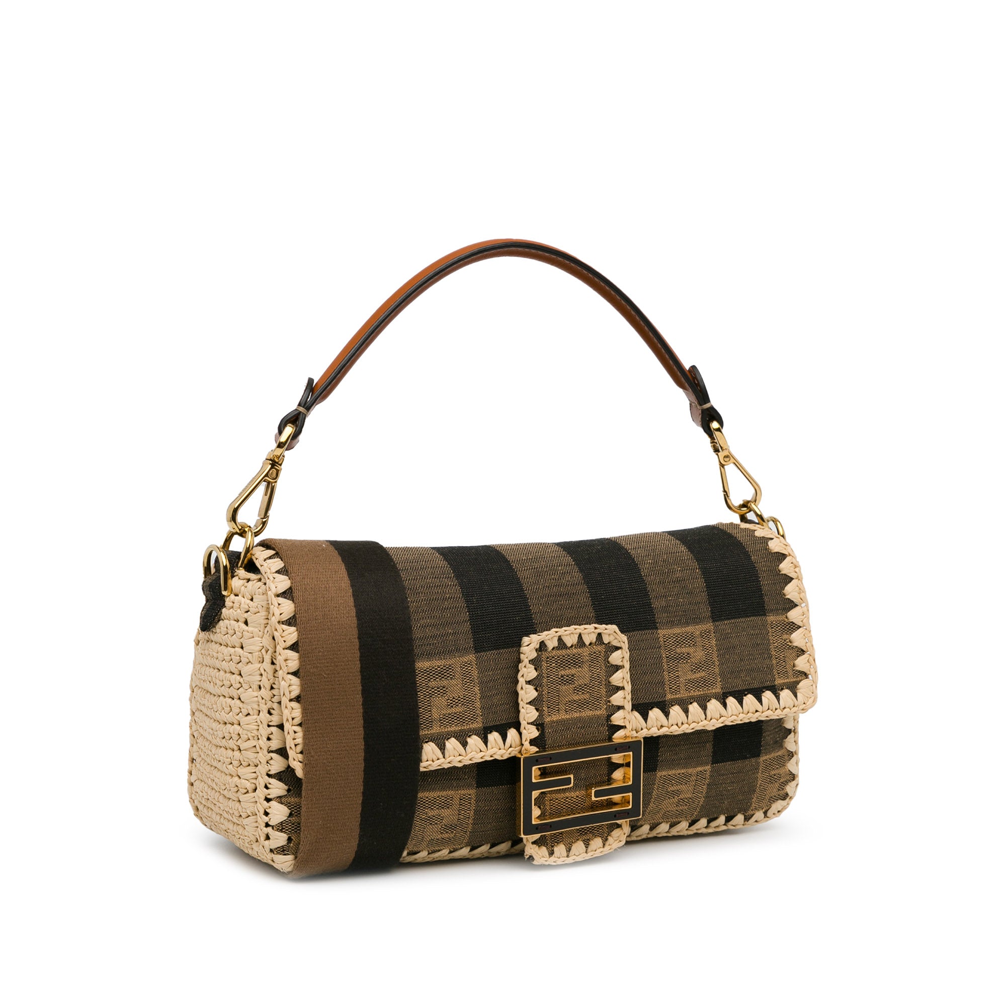 Pequin Gingham Canvas And Raffia Baguette Satchel_1