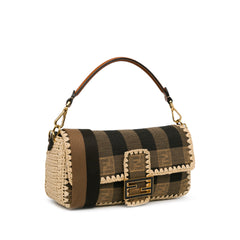 Pequin Gingham Canvas And Raffia Baguette Satchel_1