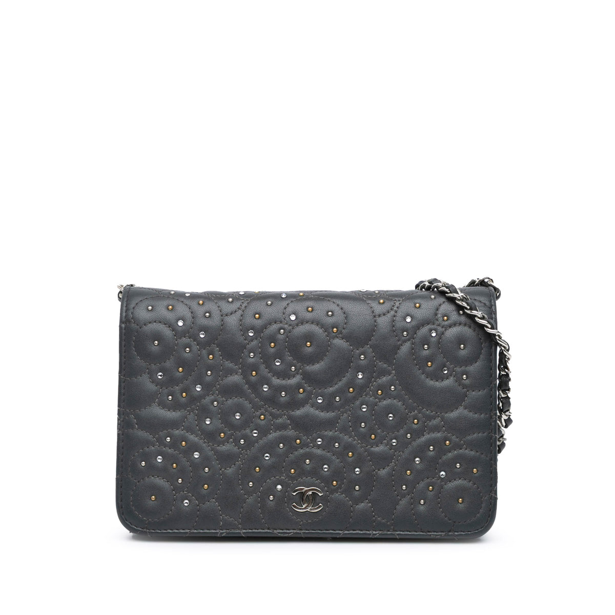 Studded Lambskin Camellia Wallet On Chain