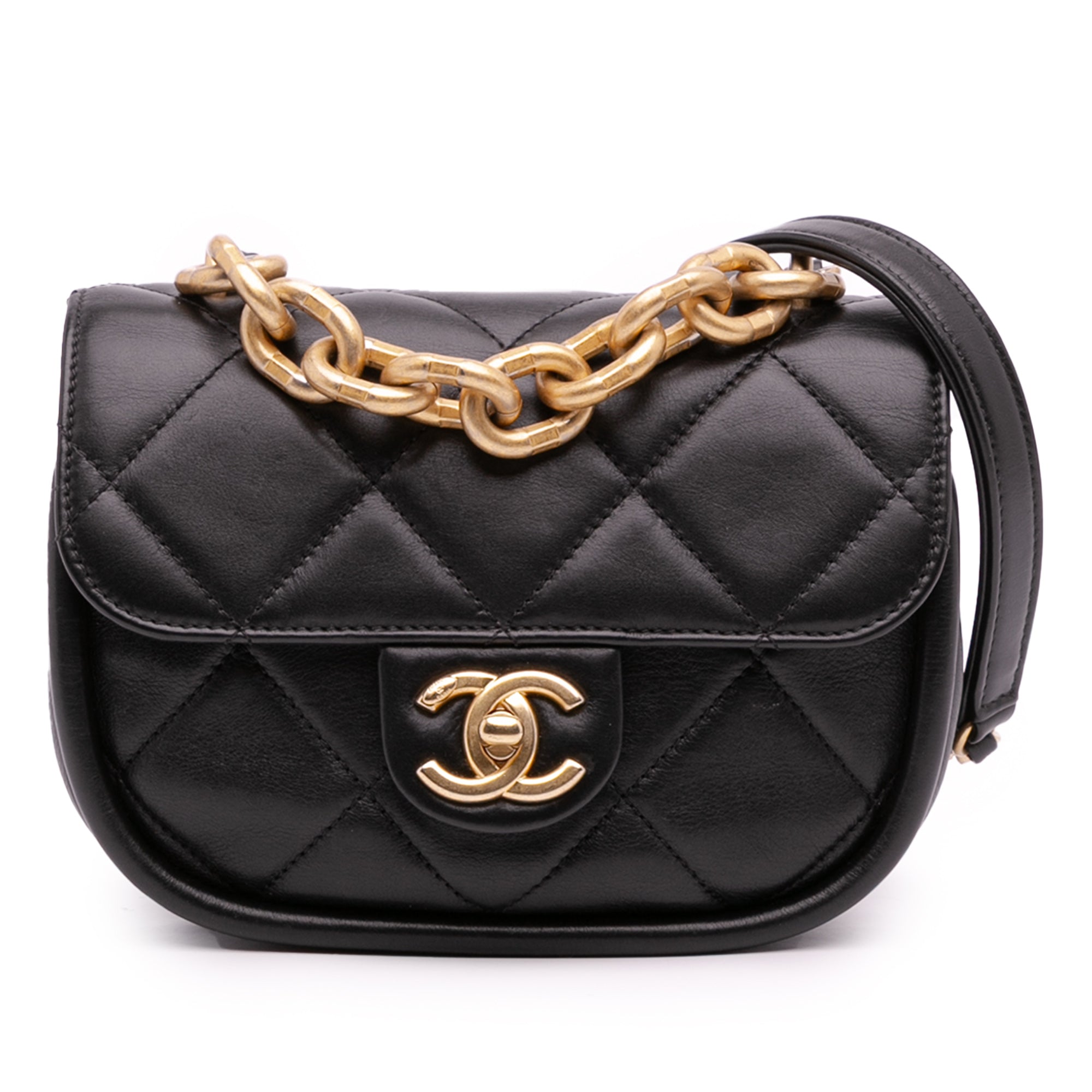 Mini CC Quilted Calfskin Round Moon Messenger Flap