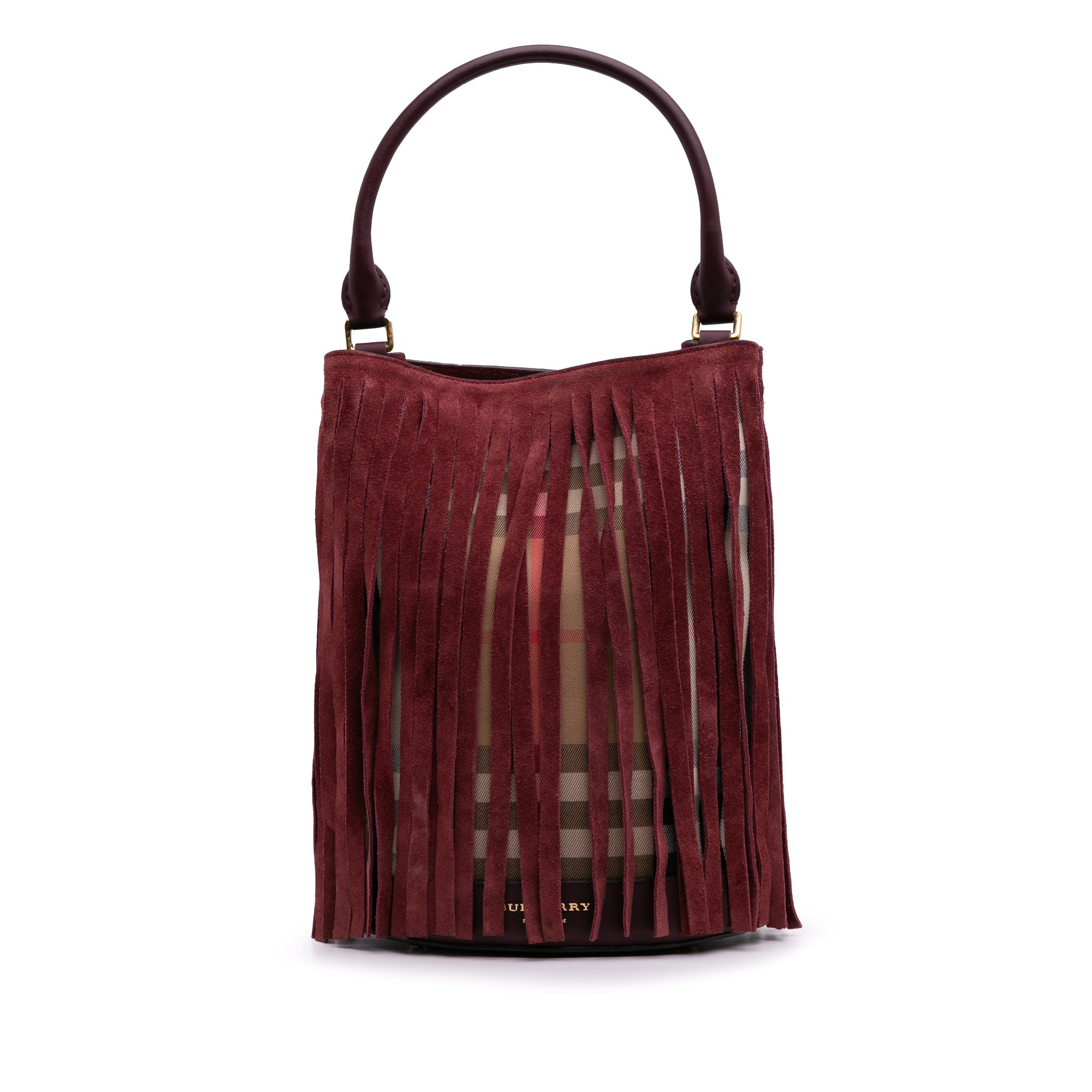 House Check Canvas and Suede Fringe Bucket Bag