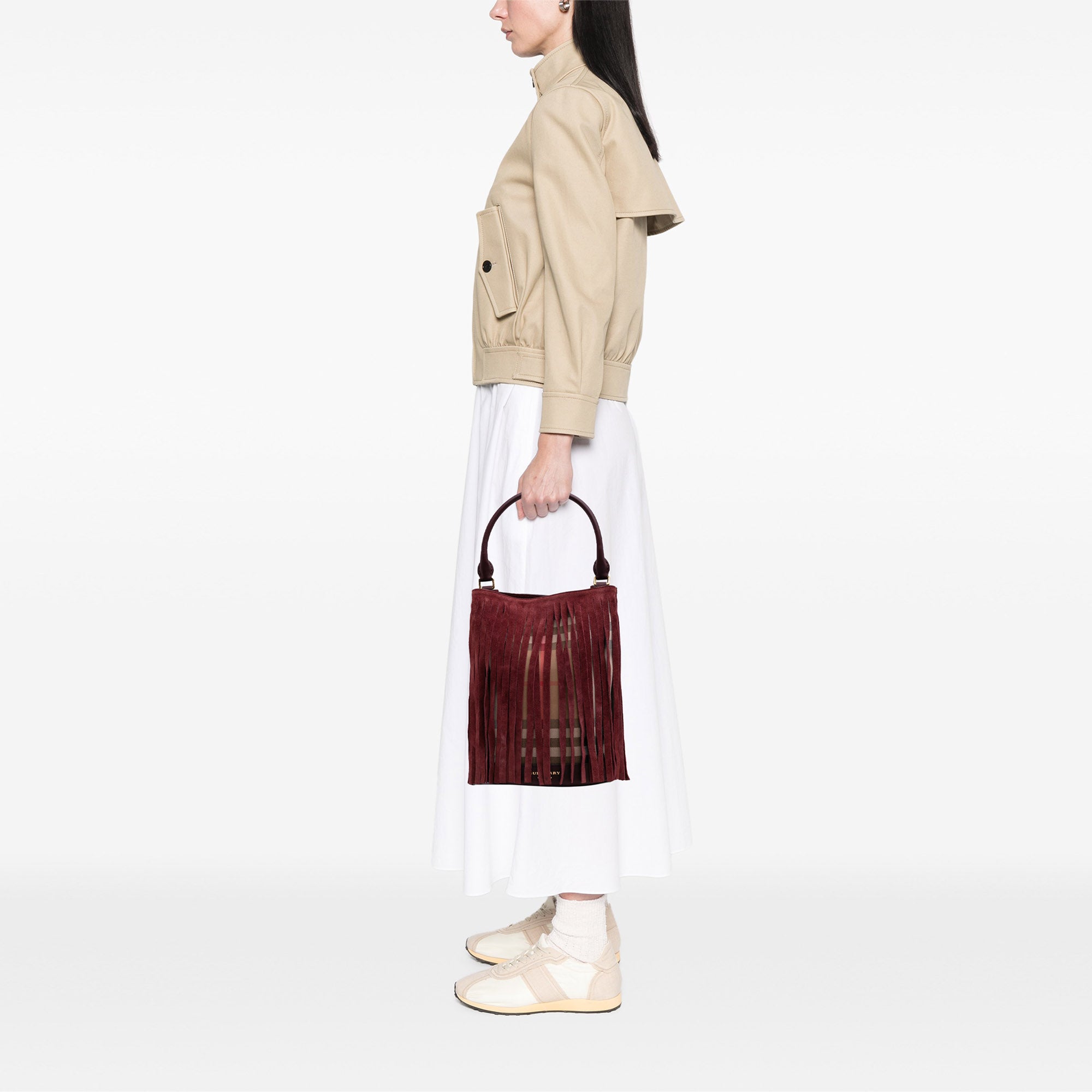 House Check Canvas and Suede Fringe Bucket Bag