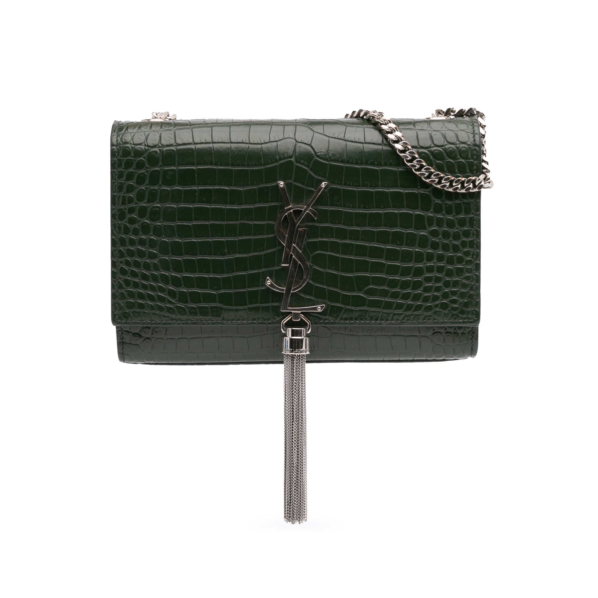 Medium Croc Embossed Leather Kate Tassel Crossbody