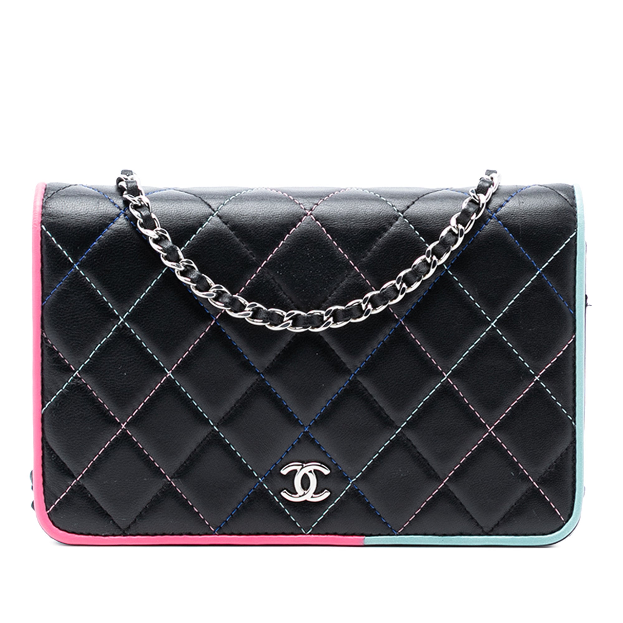 CC Quilted Lambskin Multicolor Border Full Flap Wallet on Chain