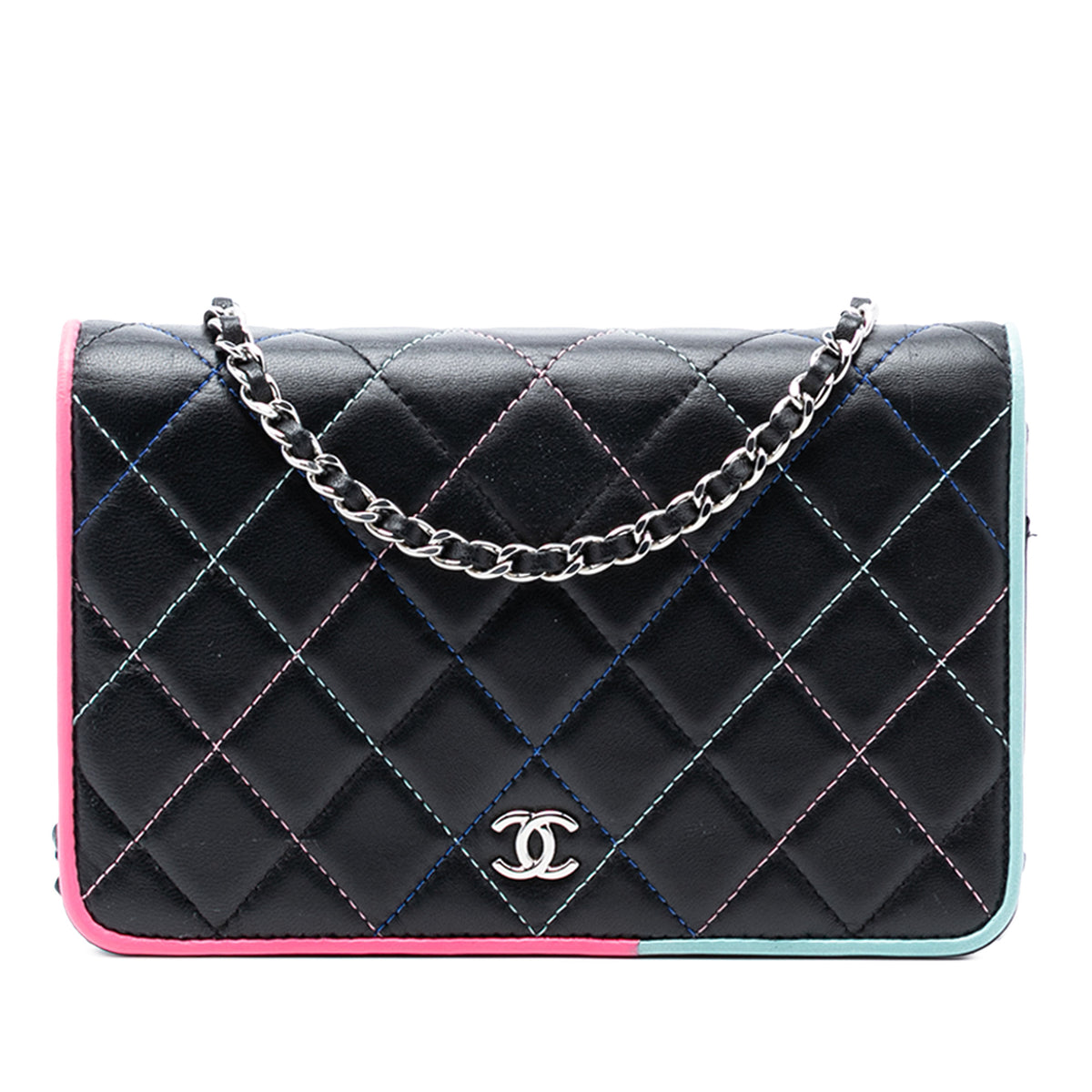 CC Quilted Lambskin Multicolor Border Full Flap Wallet on Chain