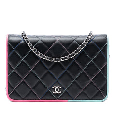 CC Quilted Lambskin Multicolor Border Full Flap Wallet on Chain