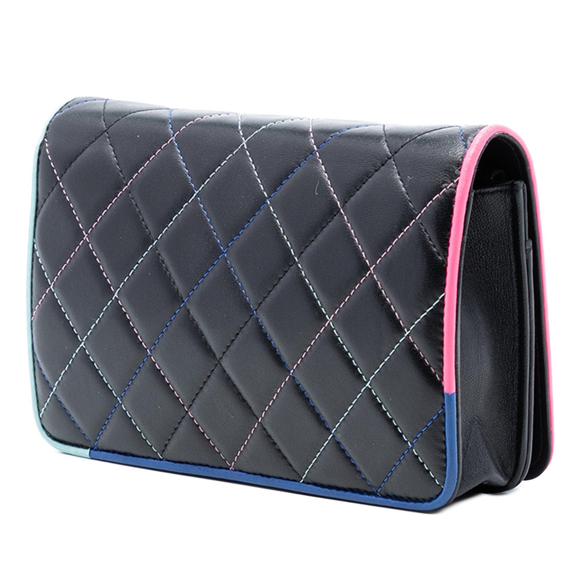 CC Quilted Lambskin Multicolor Border Full Flap Wallet on Chain