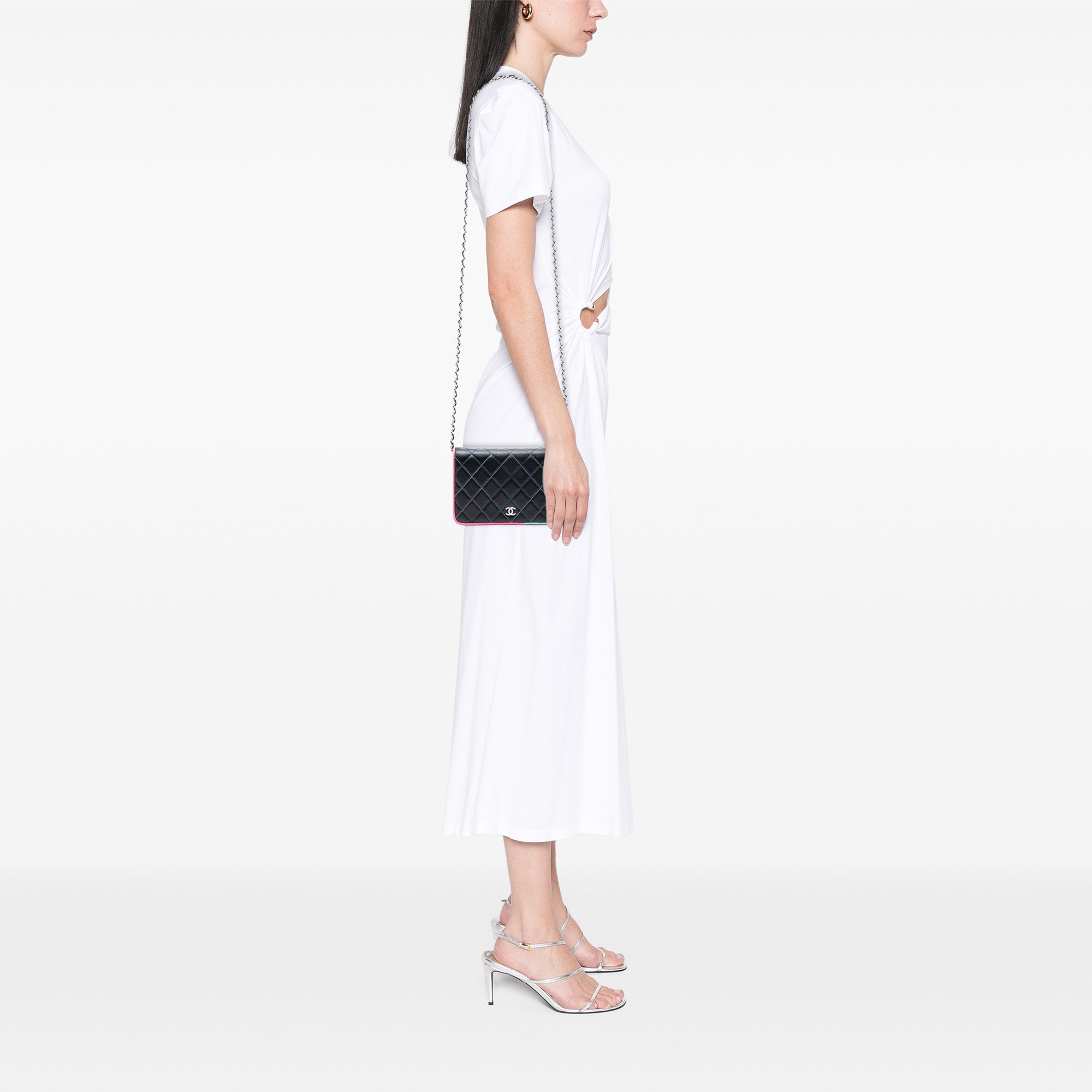 CC Quilted Lambskin Multicolor Border Full Flap Wallet on Chain