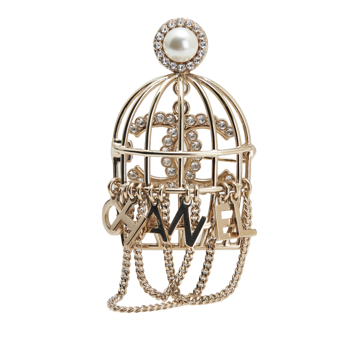 CC Gold Plated Faux Pearl and Rhinestones Logo Birdcage Brooch