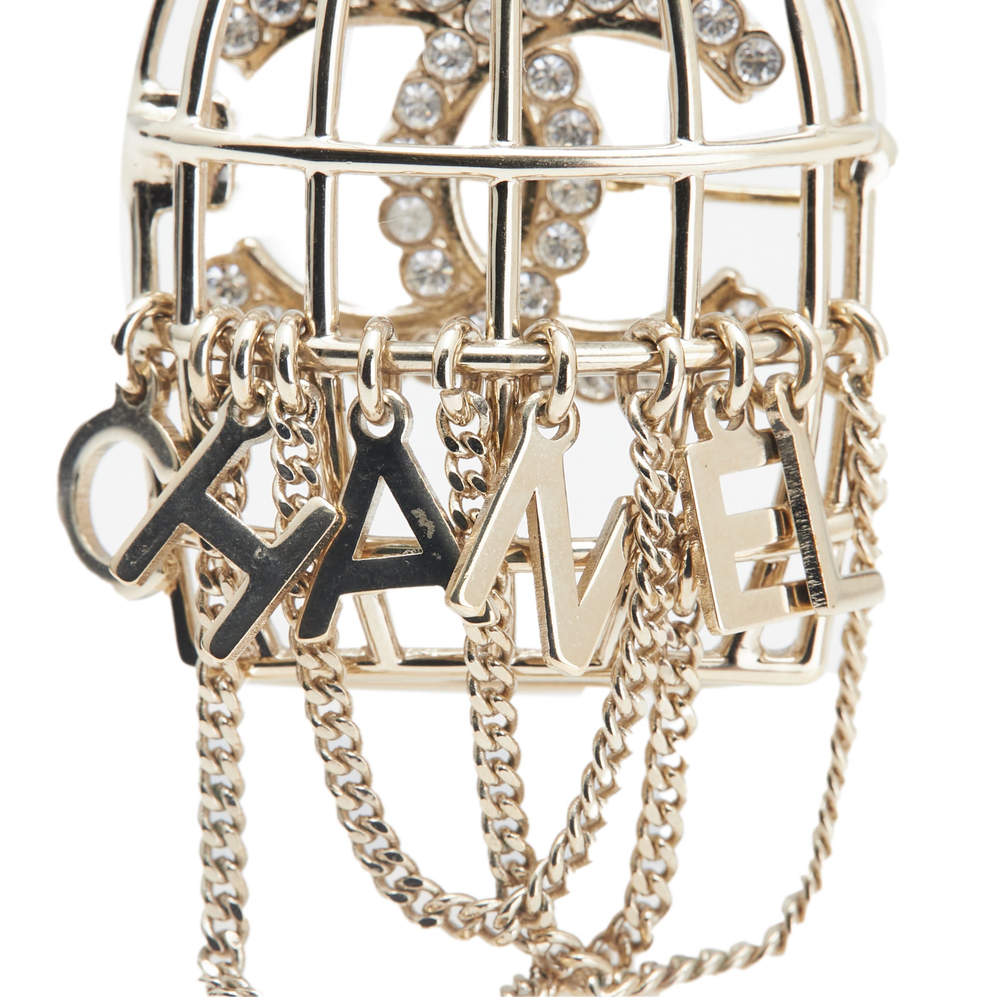 CC Gold Plated Faux Pearl and Rhinestones Logo Birdcage Brooch