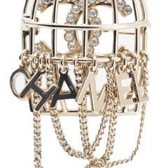 CC Gold Plated Faux Pearl and Rhinestones Logo Birdcage Brooch