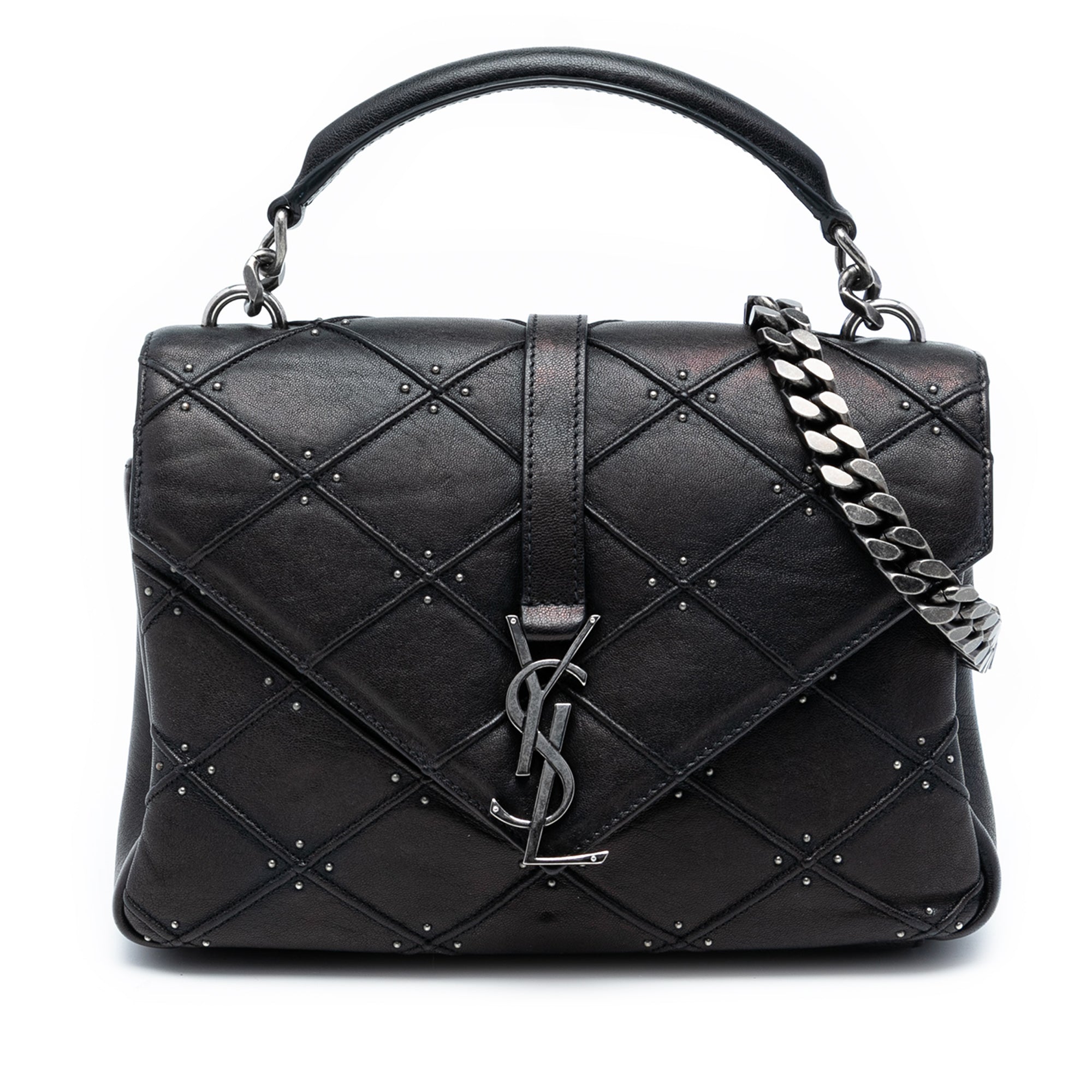 Medium Quilted Diamond Iridescent Calfskin Monogram Studded College Satchel