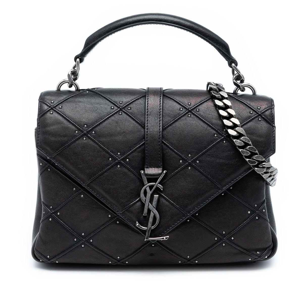 Medium Quilted Diamond Iridescent Calfskin Monogram Studded College Satchel