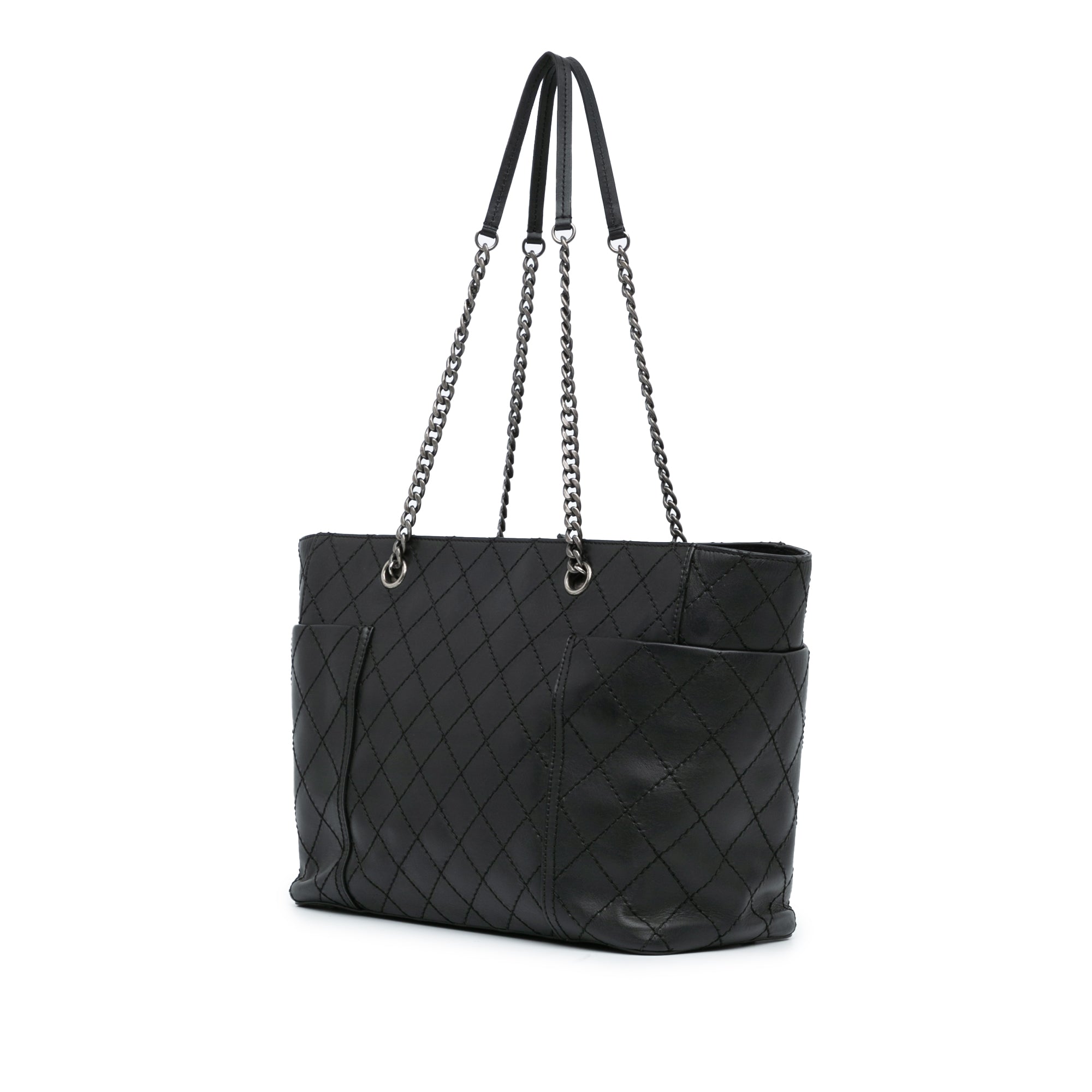 Medium CC Stitched Calfskin Pocket Zipped Chain Tote