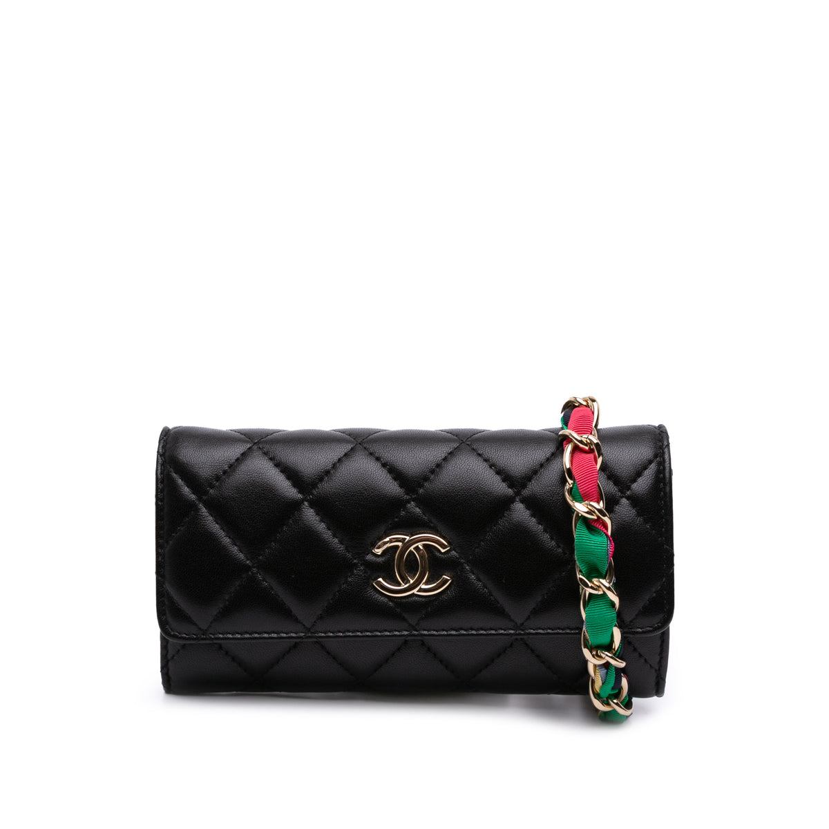 CC Quilted Shiny Lambskin Ribbon Long Clutch on Chain
