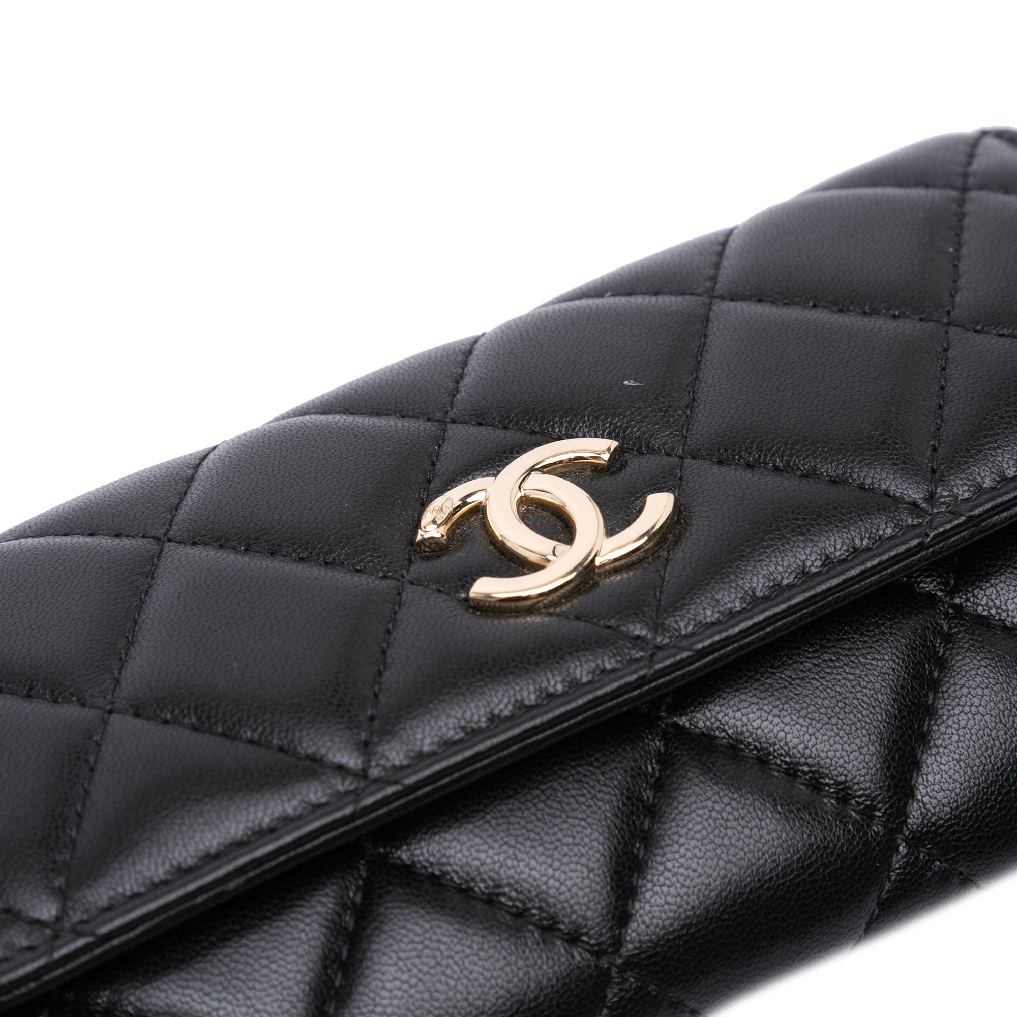 CC Quilted Shiny Lambskin Ribbon Long Clutch on Chain
