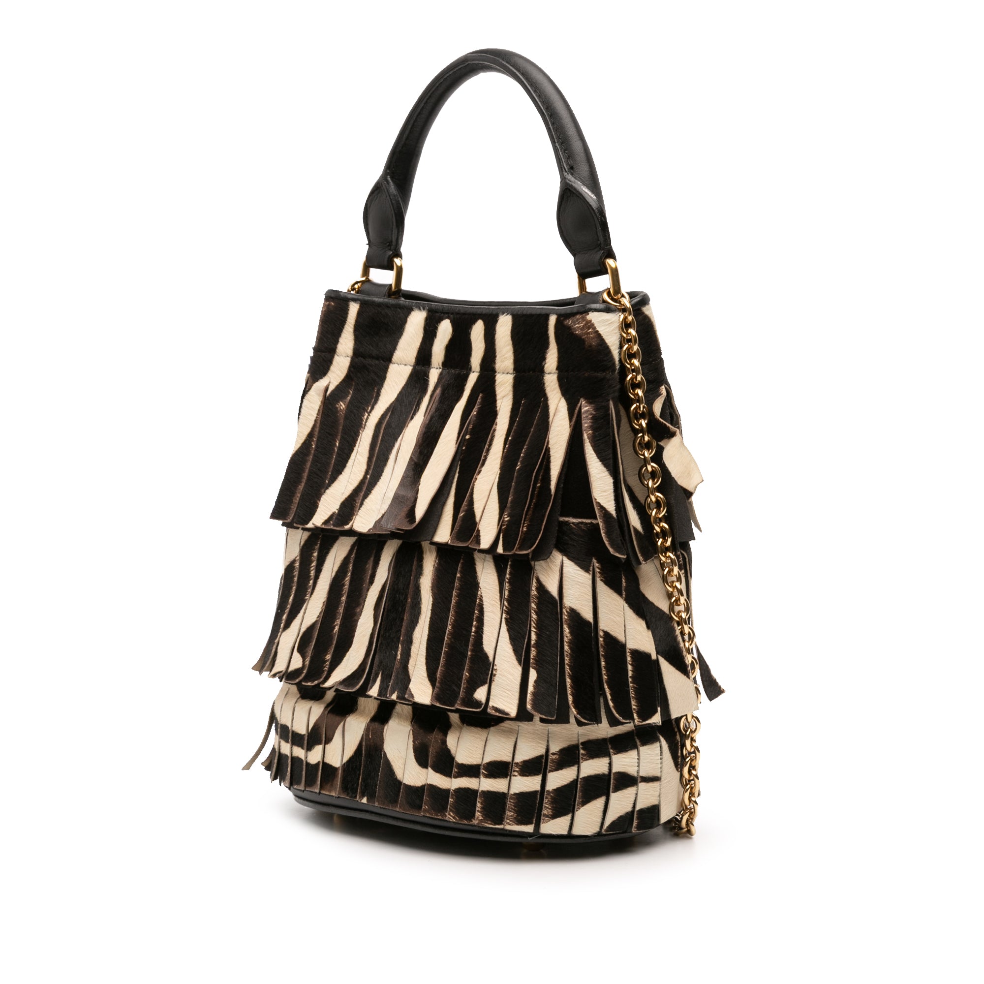 Prorsum Animal Printed Pony Hair and Leather Fringe Bucket Bag