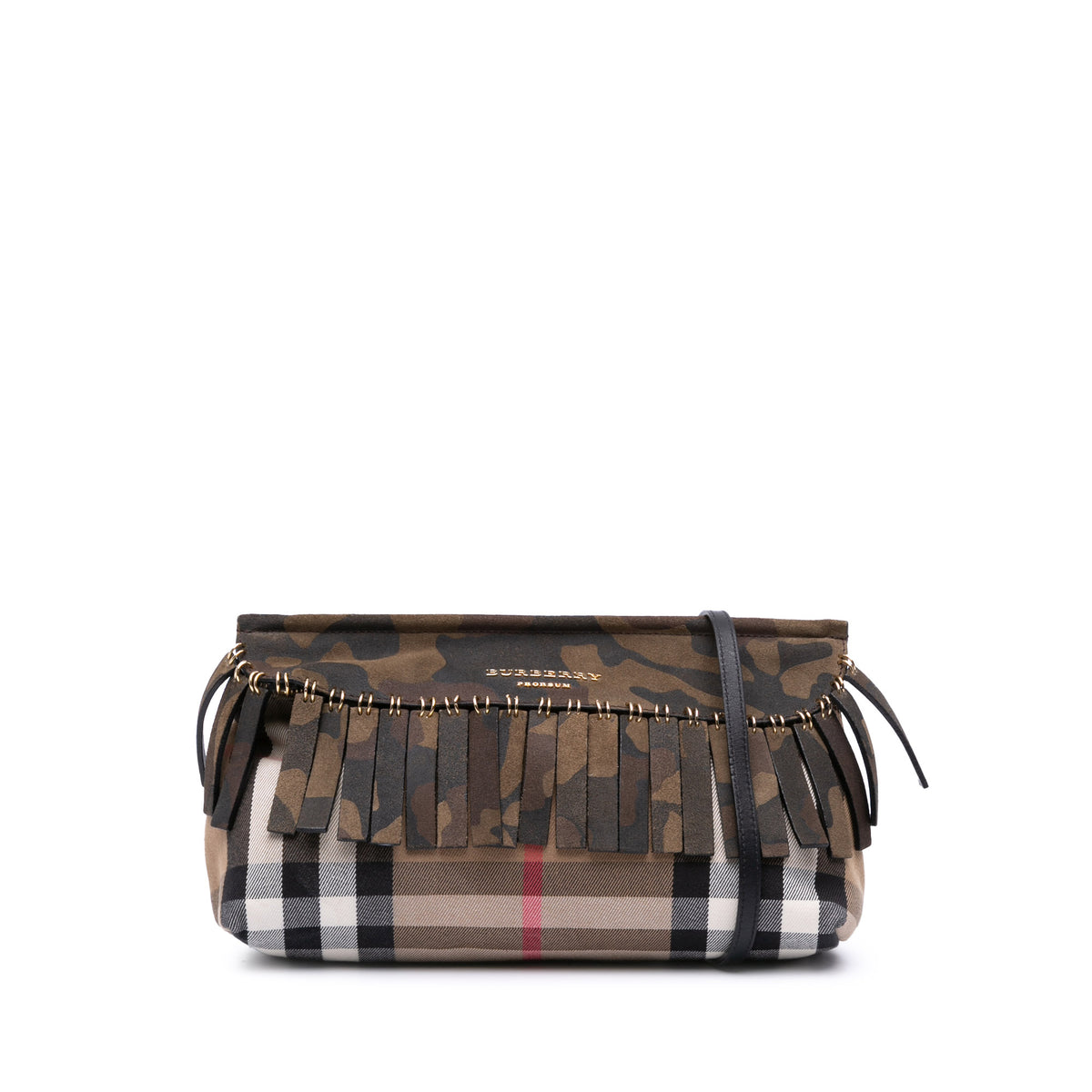 House Check Canvas and Suede Camouflage Fringe Clutch with Strap