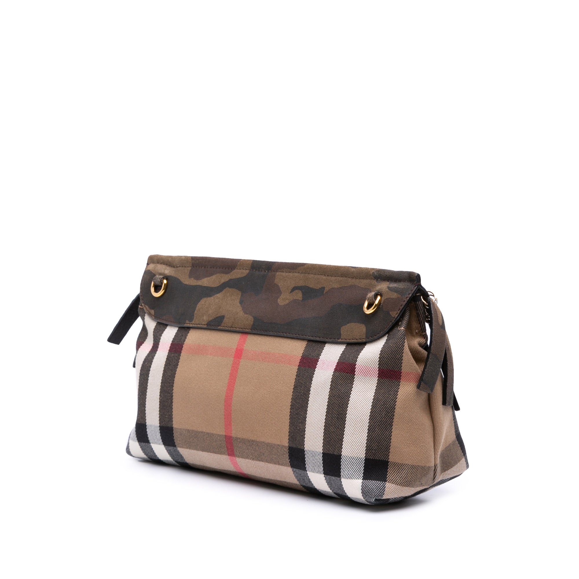 House Check Canvas and Suede Camouflage Fringe Clutch with Strap