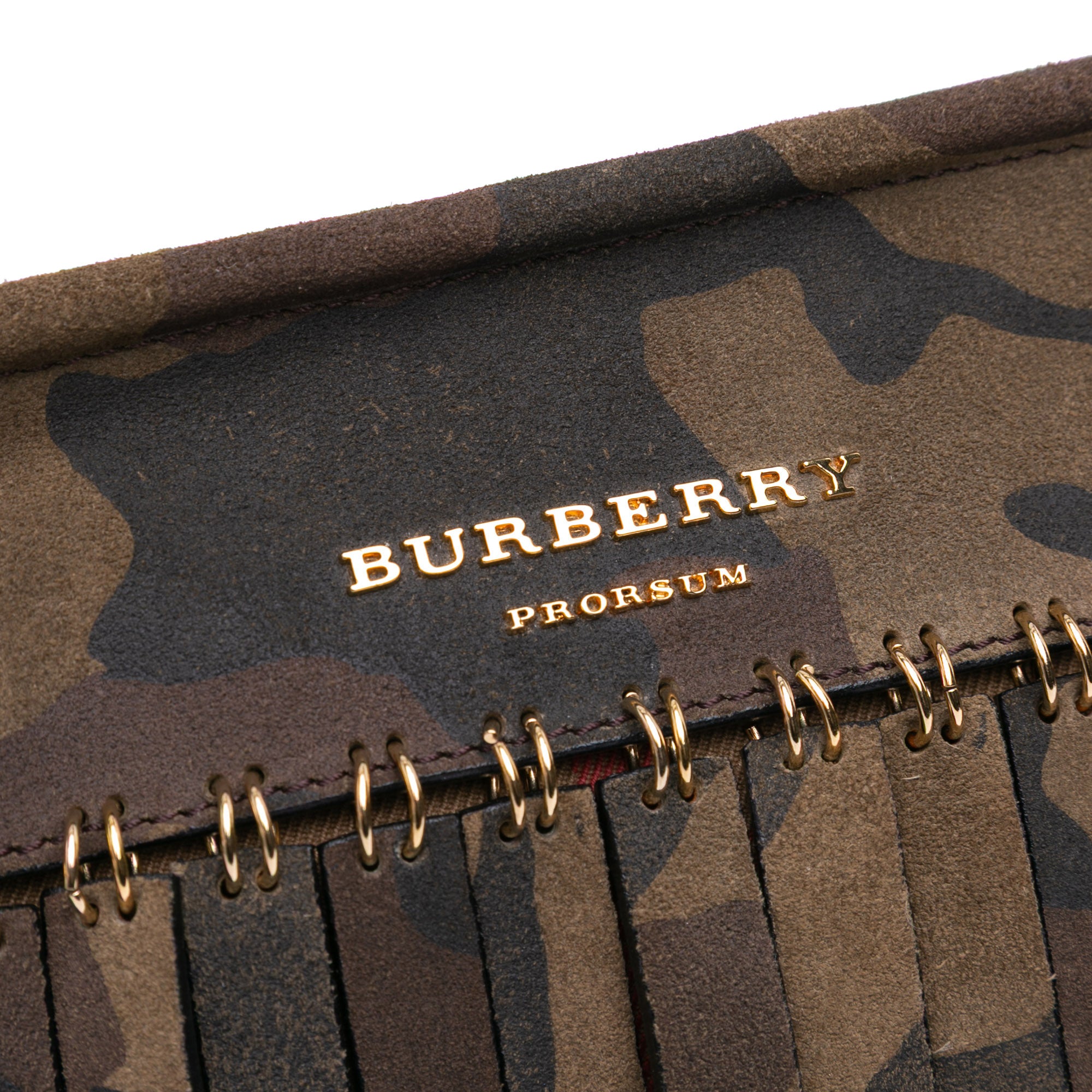 House Check Canvas and Suede Camouflage Fringe Clutch with Strap