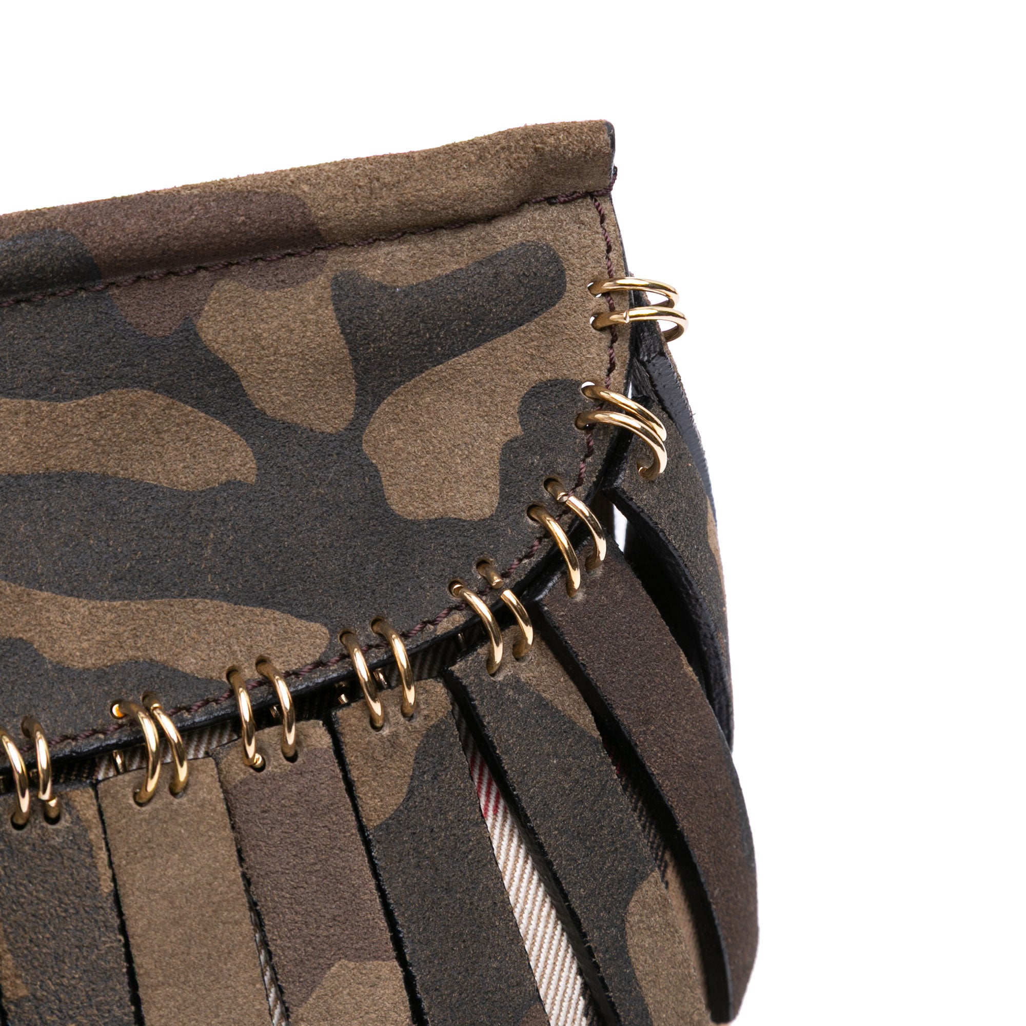 House Check Canvas and Suede Camouflage Fringe Clutch with Strap