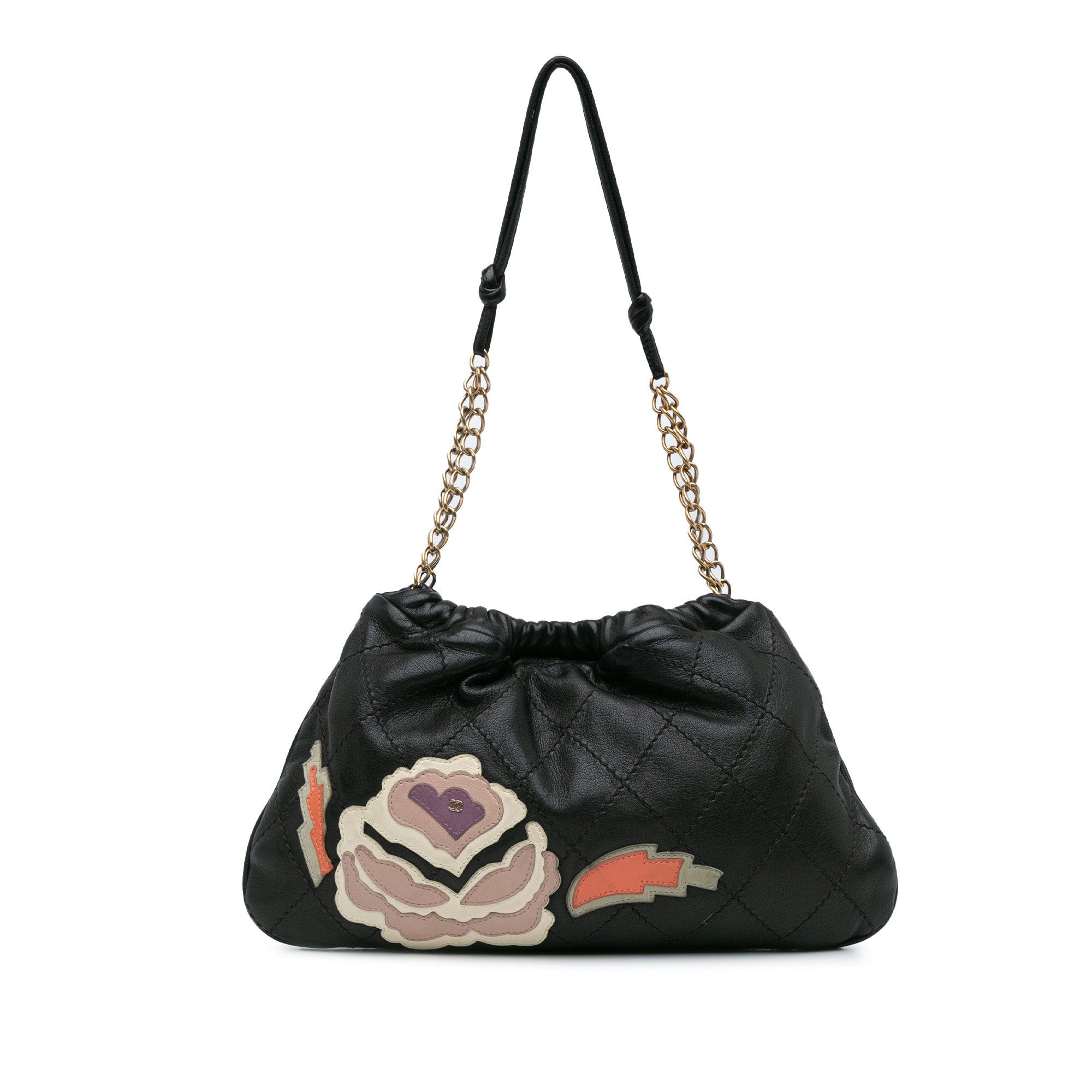 Quilted Calfskin Camellia Embroidered Patch Shoulder Bag