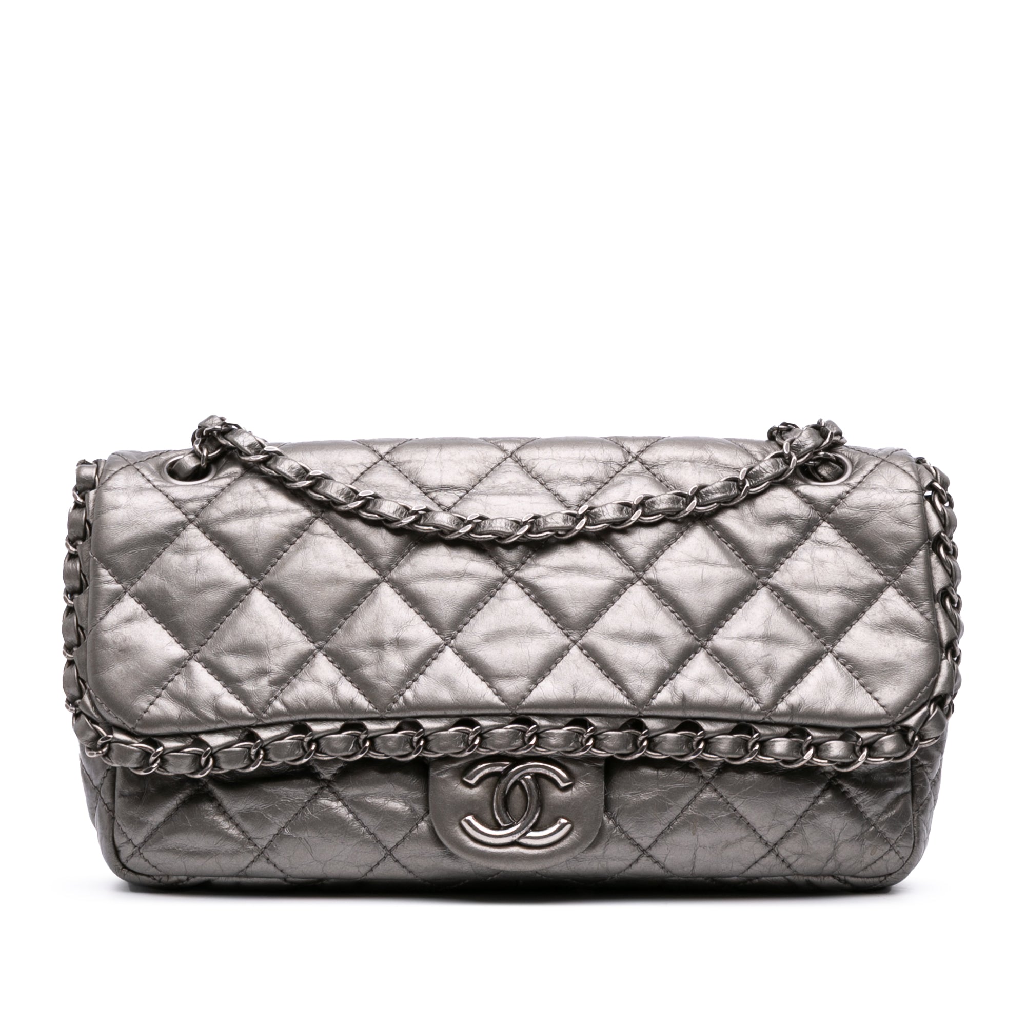 Medium Quilted Metallic Aged Calfskin Chain Me Flap