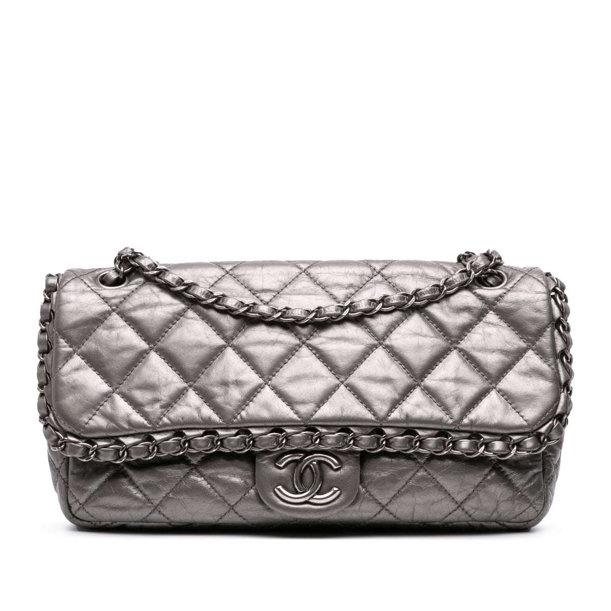 Medium Quilted Metallic Aged Calfskin Chain Me Flap