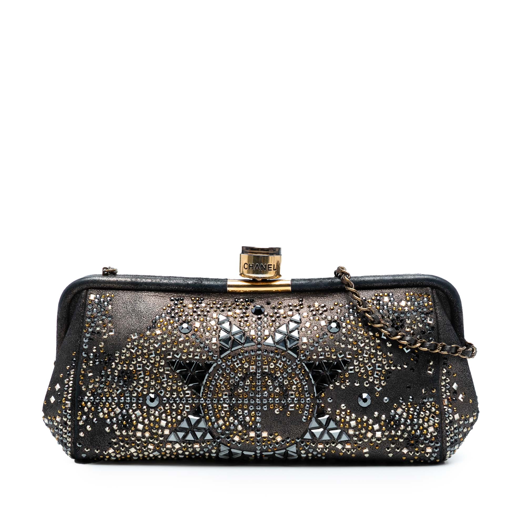 CC Glitter Lambskin Studded Frame Clutch on Chain