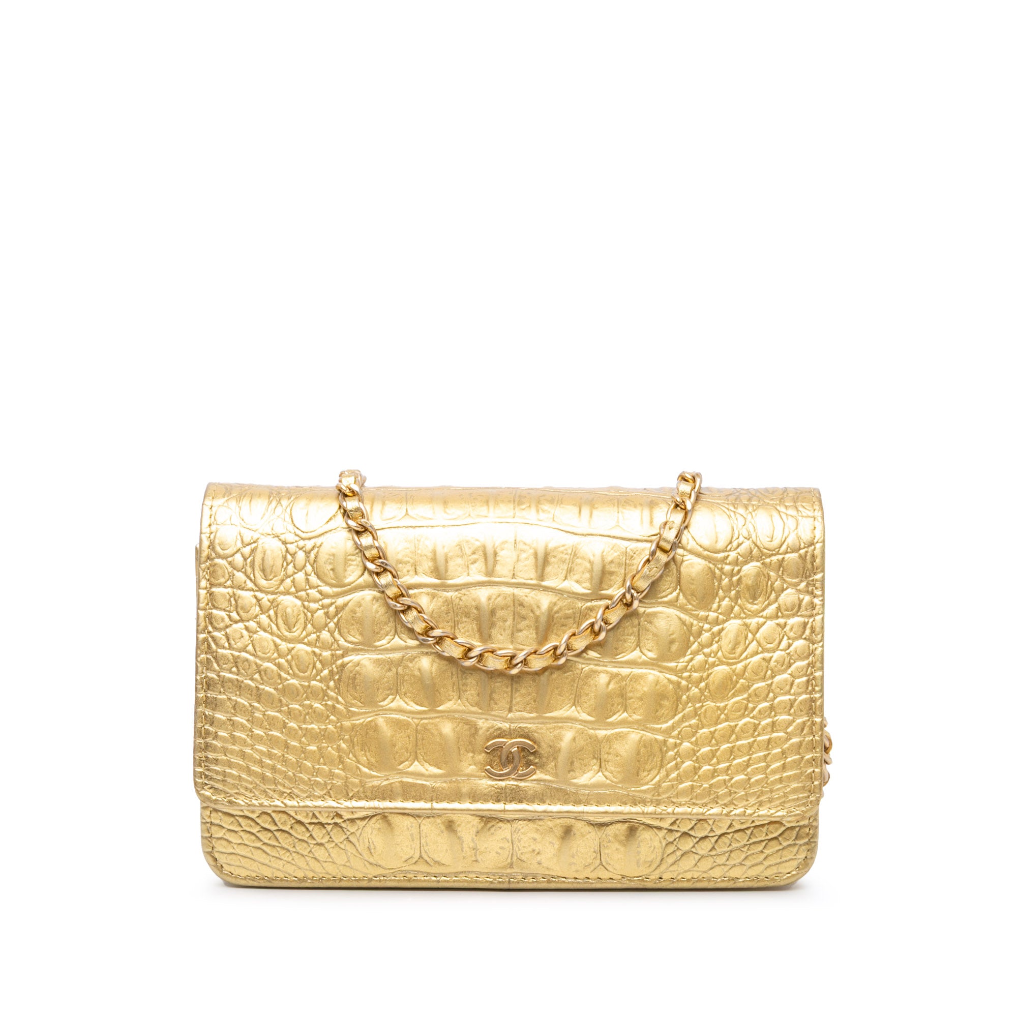 CC Metallic Calfskin Crocodile Embossed Wallet On Chain