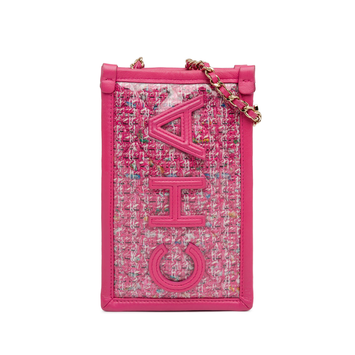 Tweed and PVC Phone Clutch with Chain