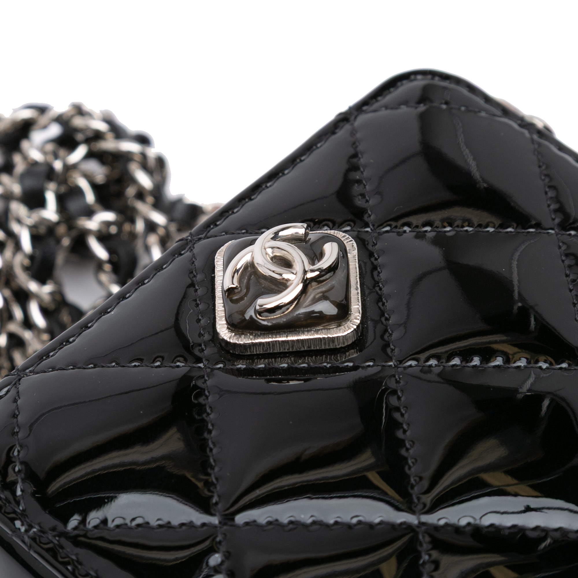 CC Quilted Patent Diamond Resin Clutch With Chain