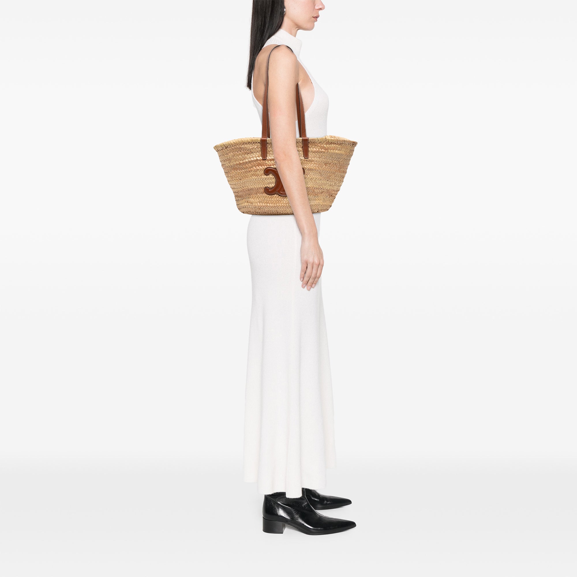 Large Raffia Cuir Triomphe Classic Panier Tote