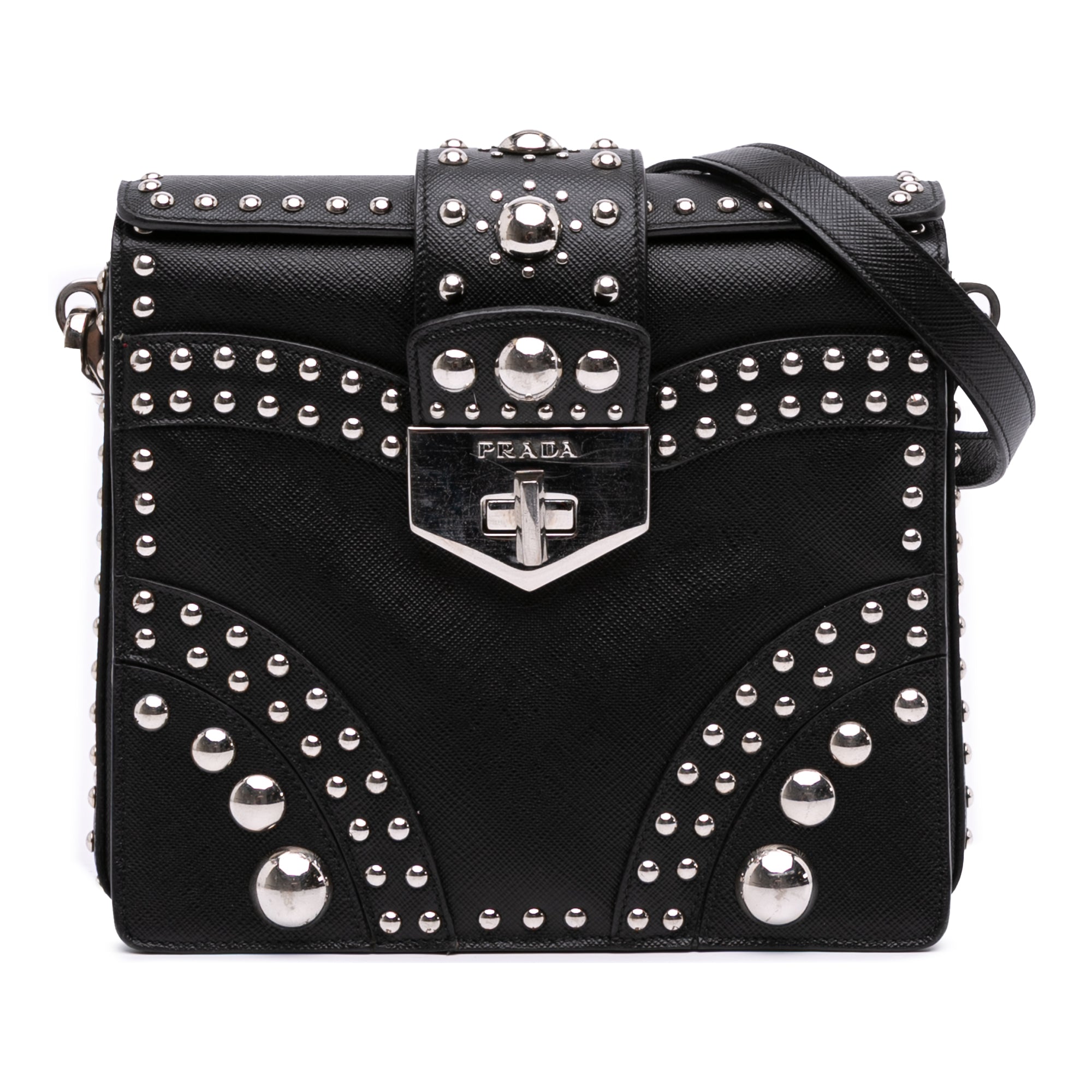 Saffiano Studded Turn Lock Top Handle Bag