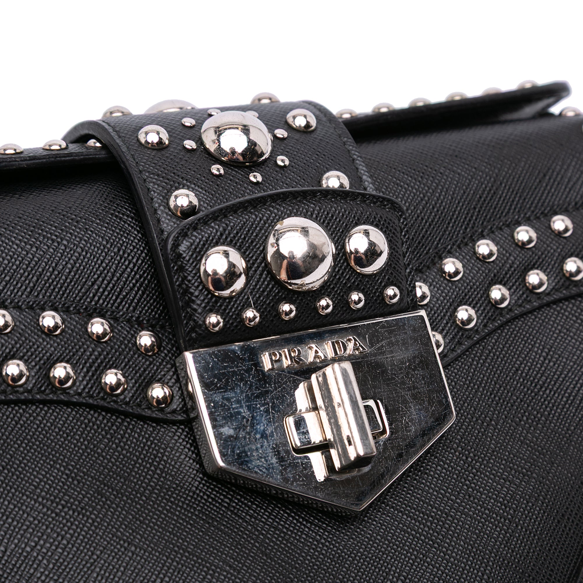 Saffiano Studded Turn Lock Top Handle Bag