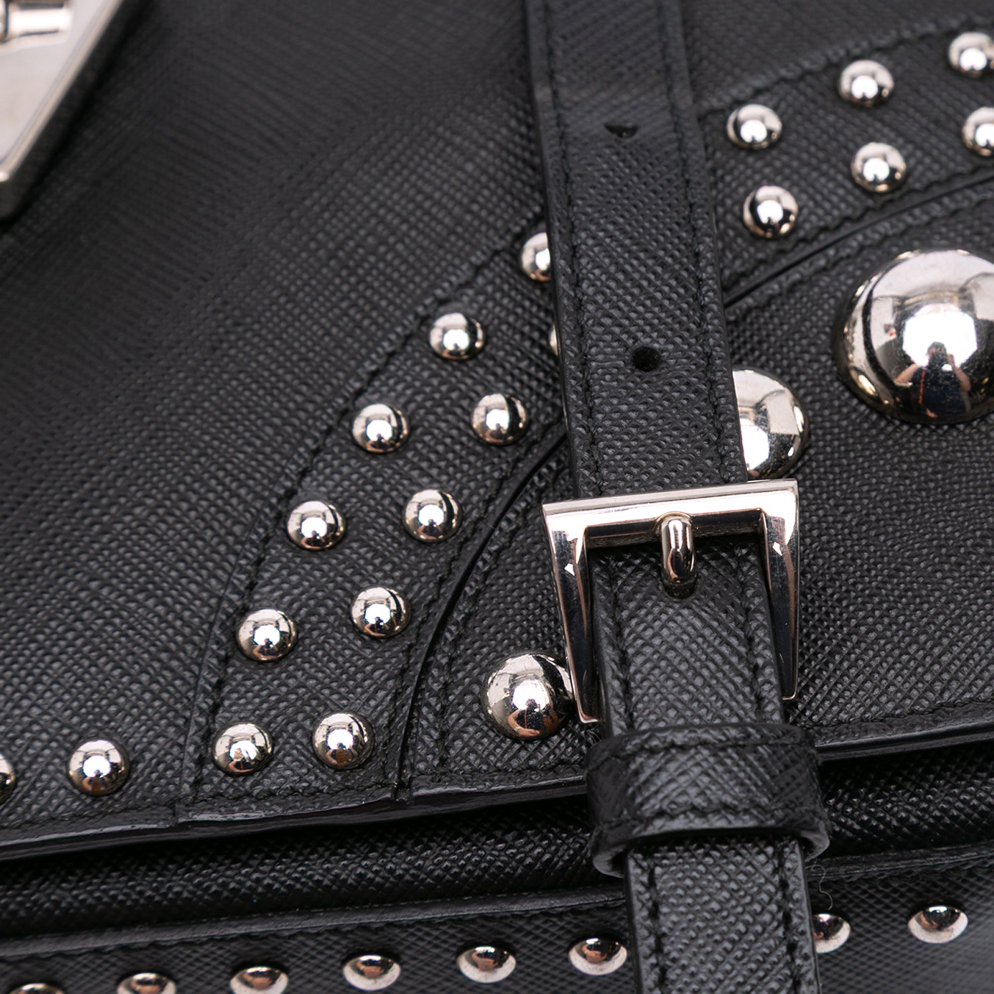 Saffiano Studded Turn Lock Top Handle Bag