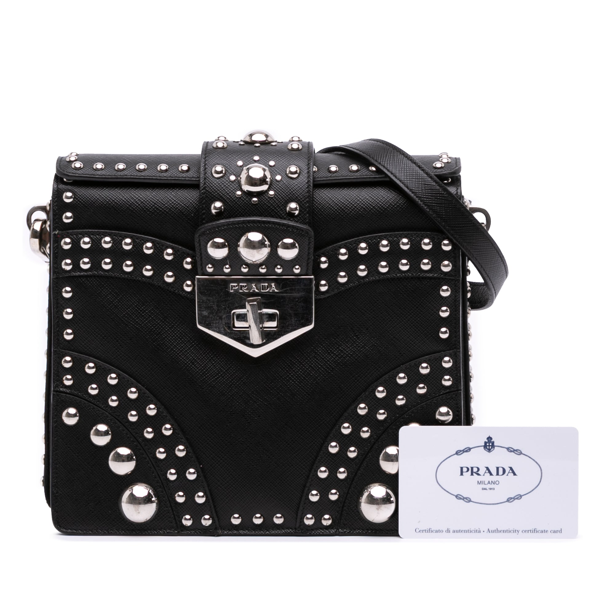Saffiano Studded Turn Lock Top Handle Bag