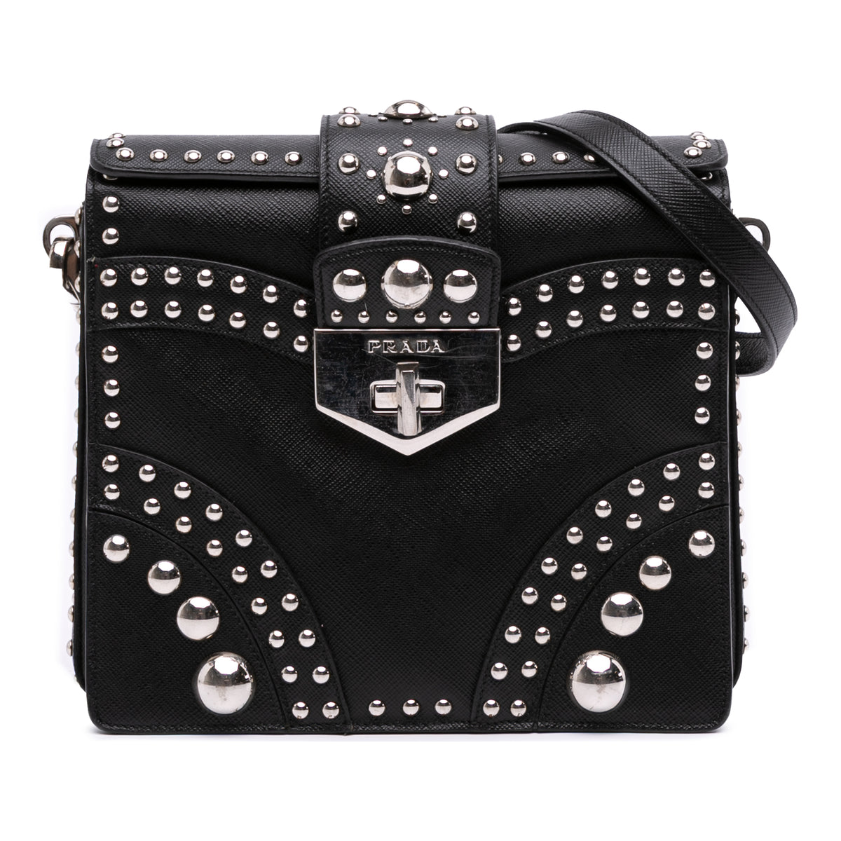 Saffiano Studded Turn Lock Top Handle Bag