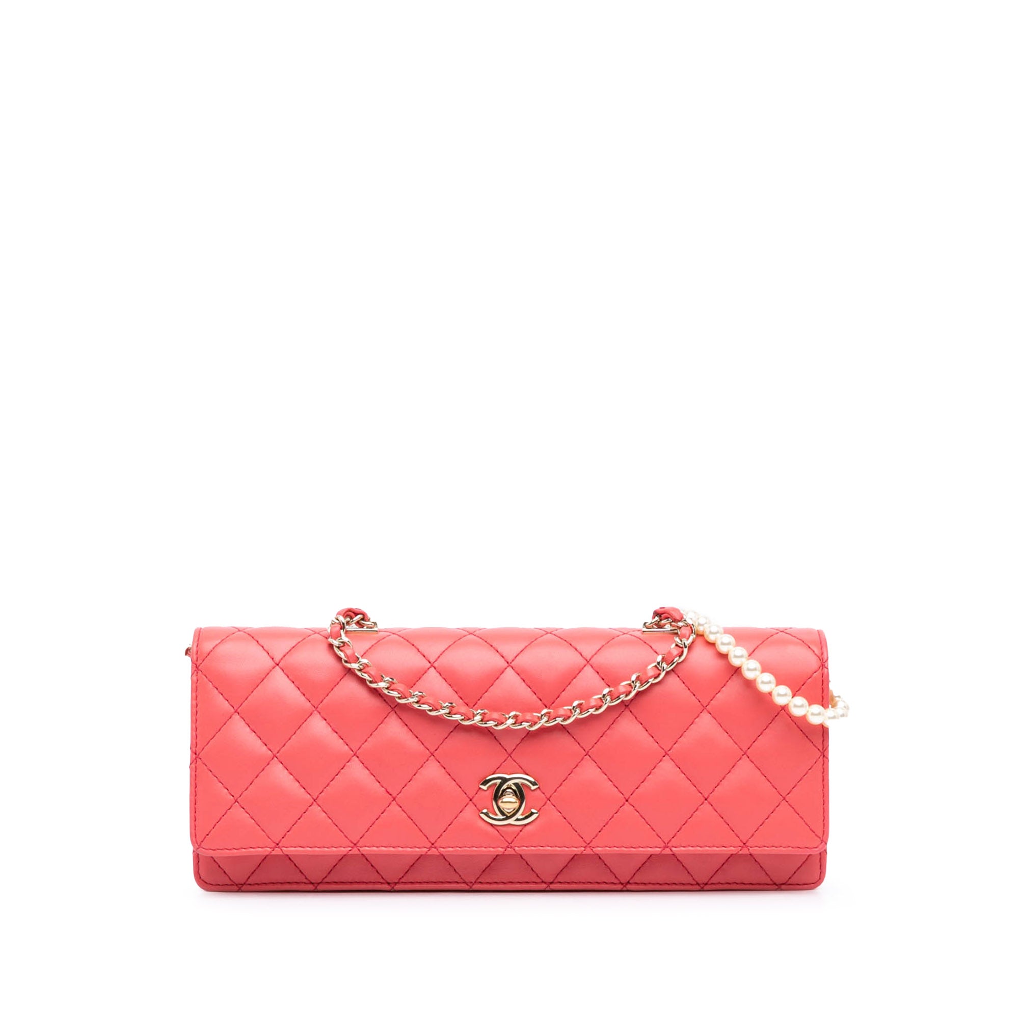 Quilted Lambskin Pearl Chain East West Single Flap