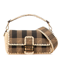 Pequin Gingham Canvas And Raffia Baguette Satchel