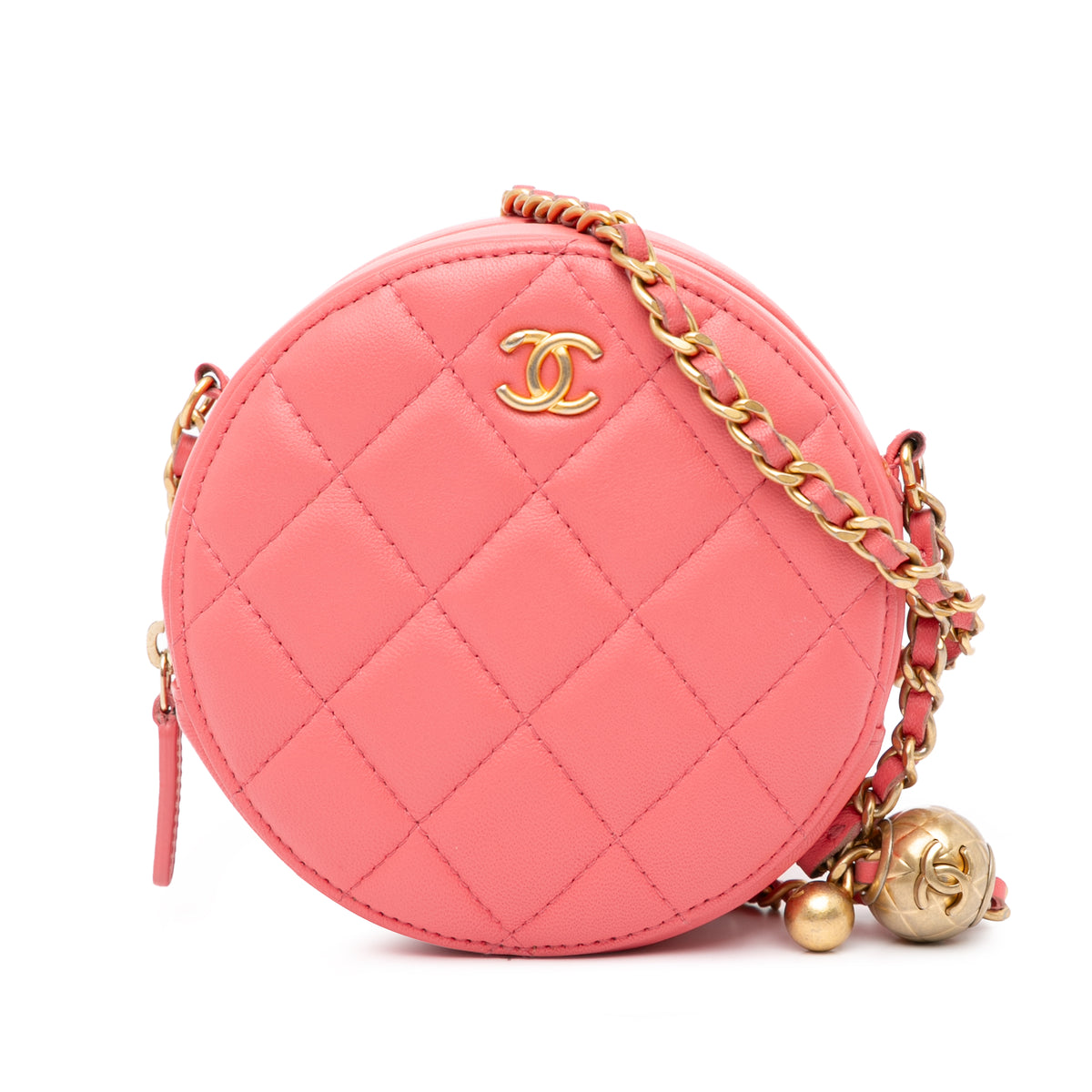 CC Quilted Lambskin Pearl Crush Round Clutch with Chain_0