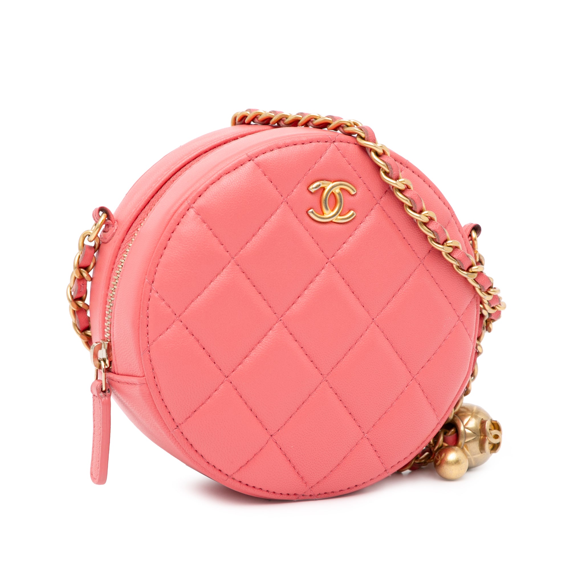 CC Quilted Lambskin Pearl Crush Round Clutch with Chain_1