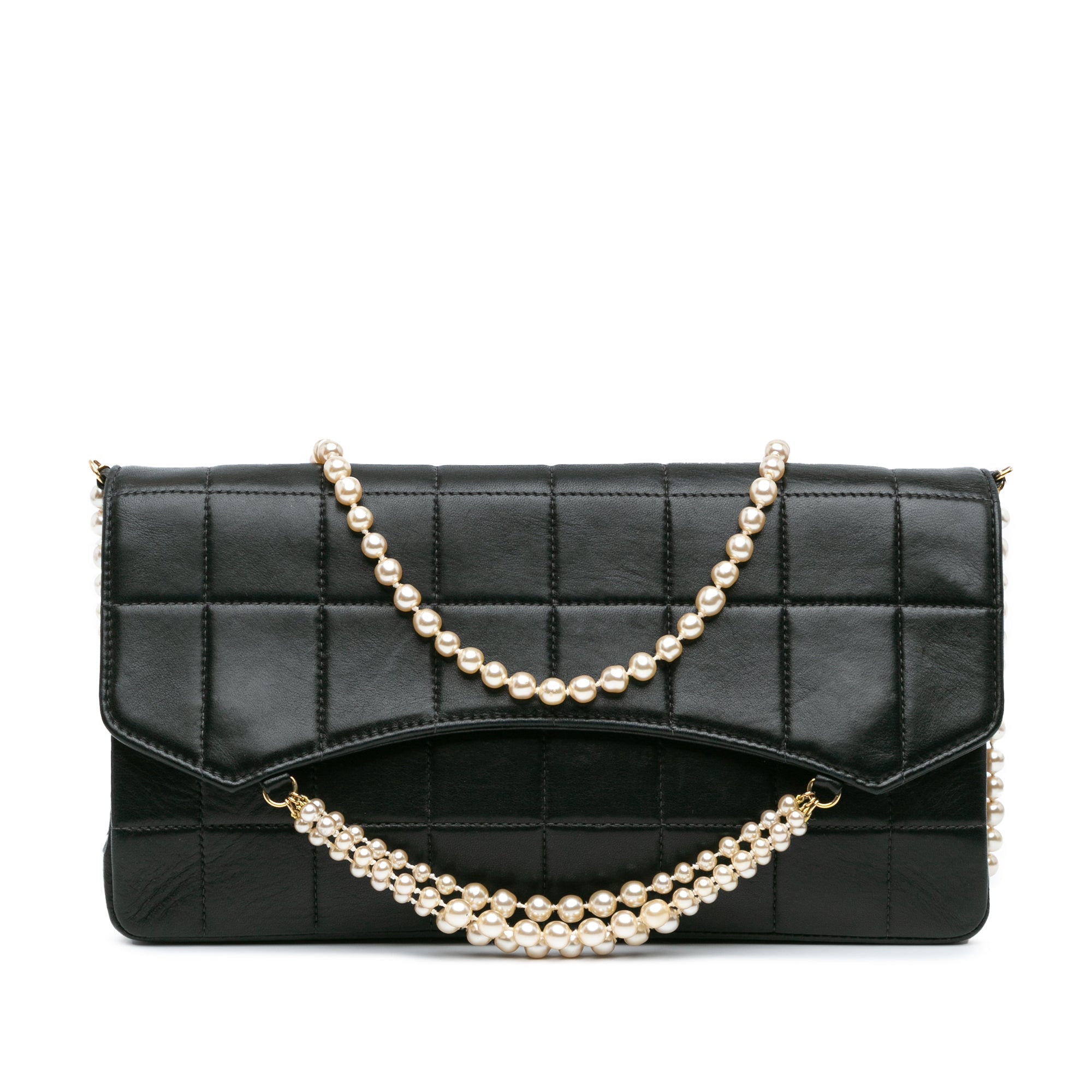 Lambskin Chocolate Bar Pearl Chain Flap