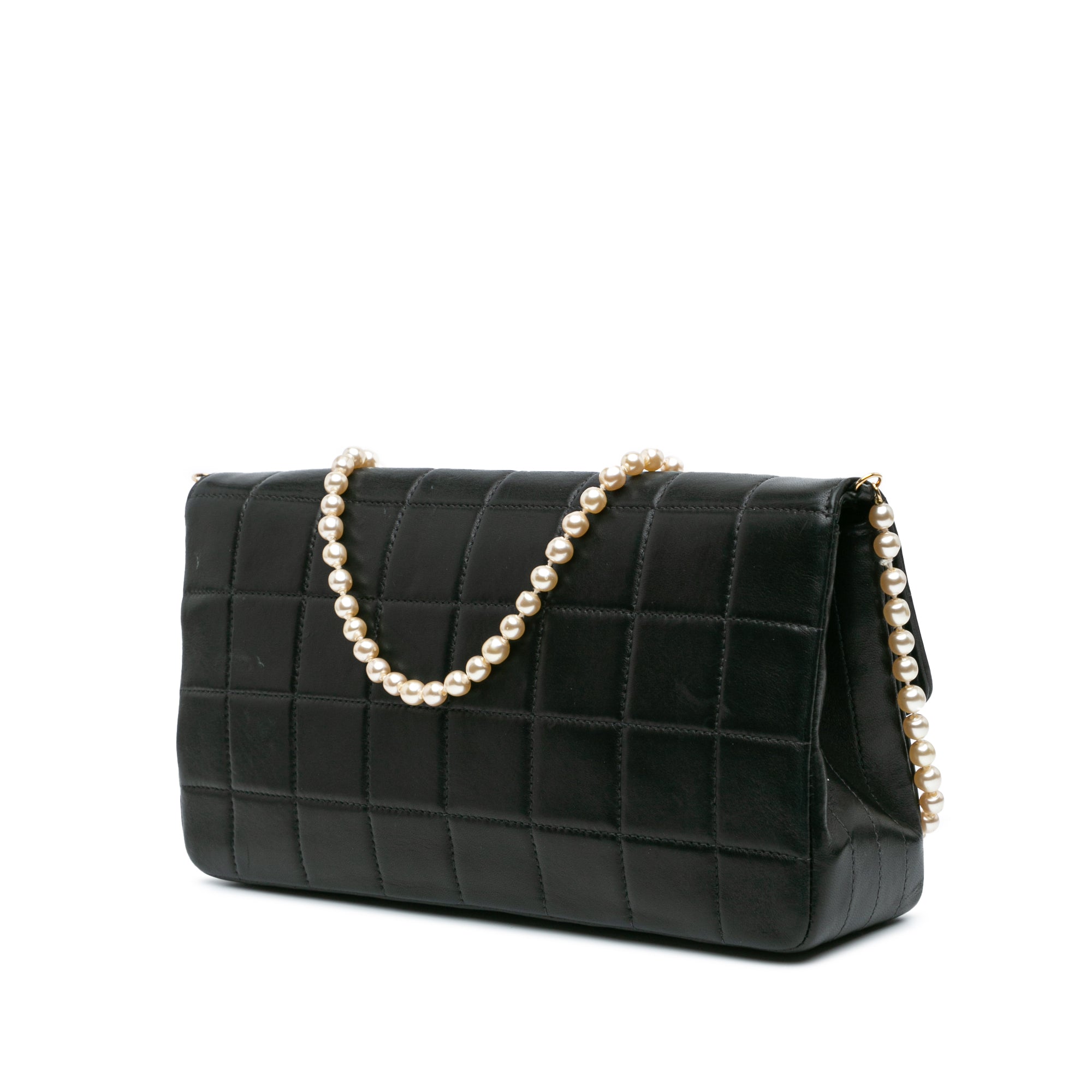 Lambskin Chocolate Bar Pearl Chain Flap