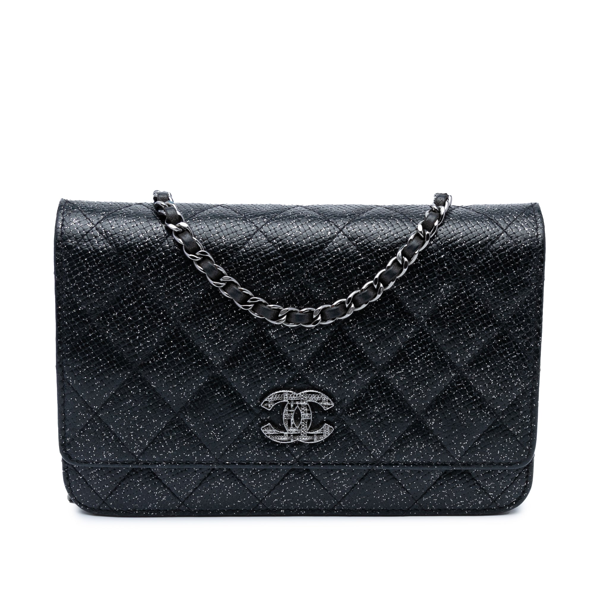 CC Quilted Glittered Calfskin Wallet On Chain