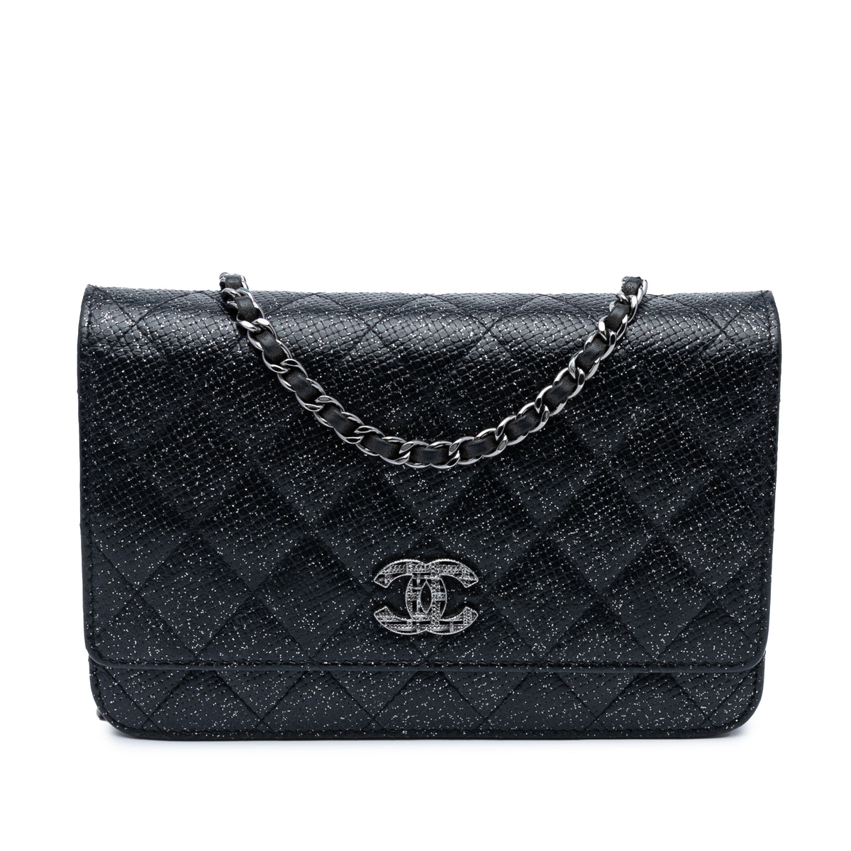 CC Quilted Glittered Calfskin Wallet On Chain