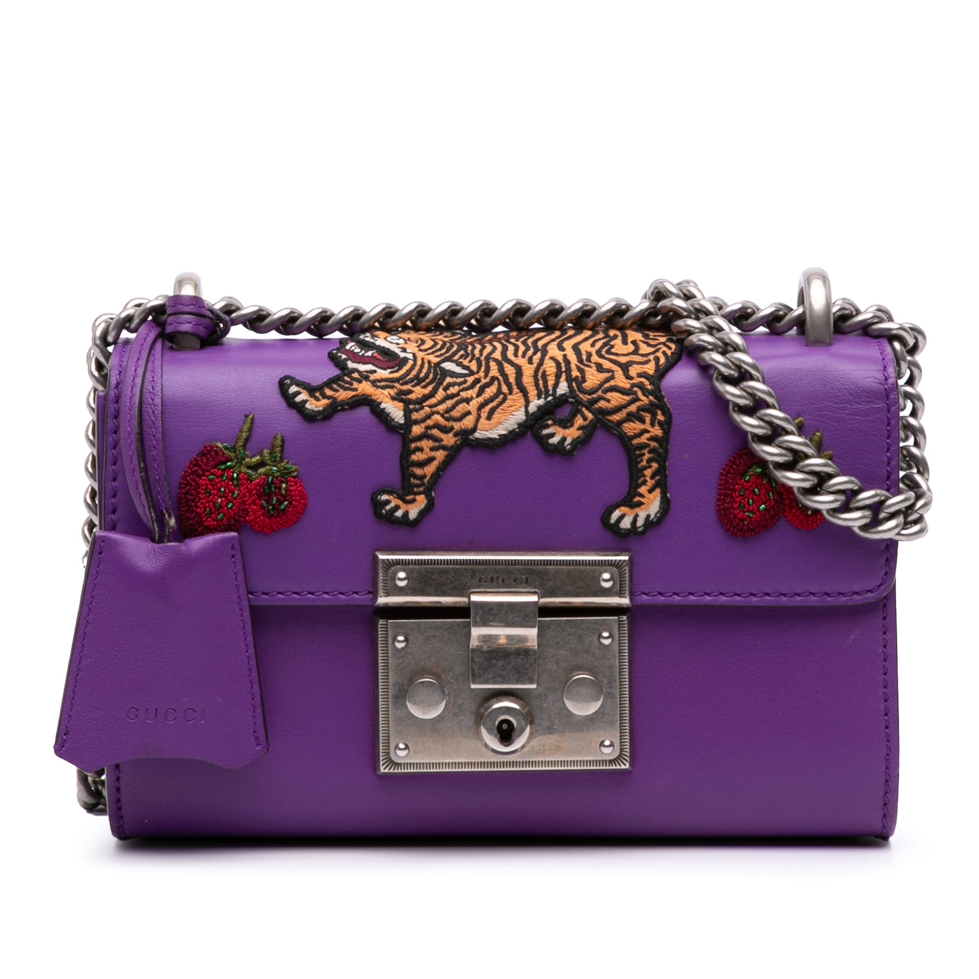 Small Embroidered Calfskin Tiger Strawberry Padlock Crossbody