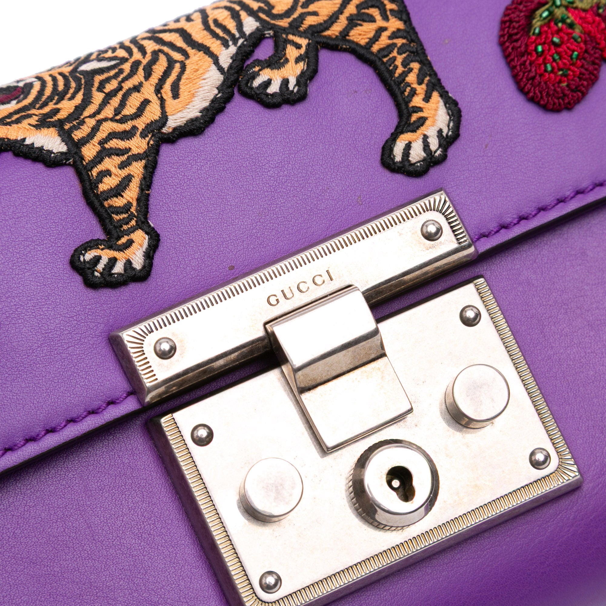 Small Embroidered Calfskin Tiger Strawberry Padlock Crossbody