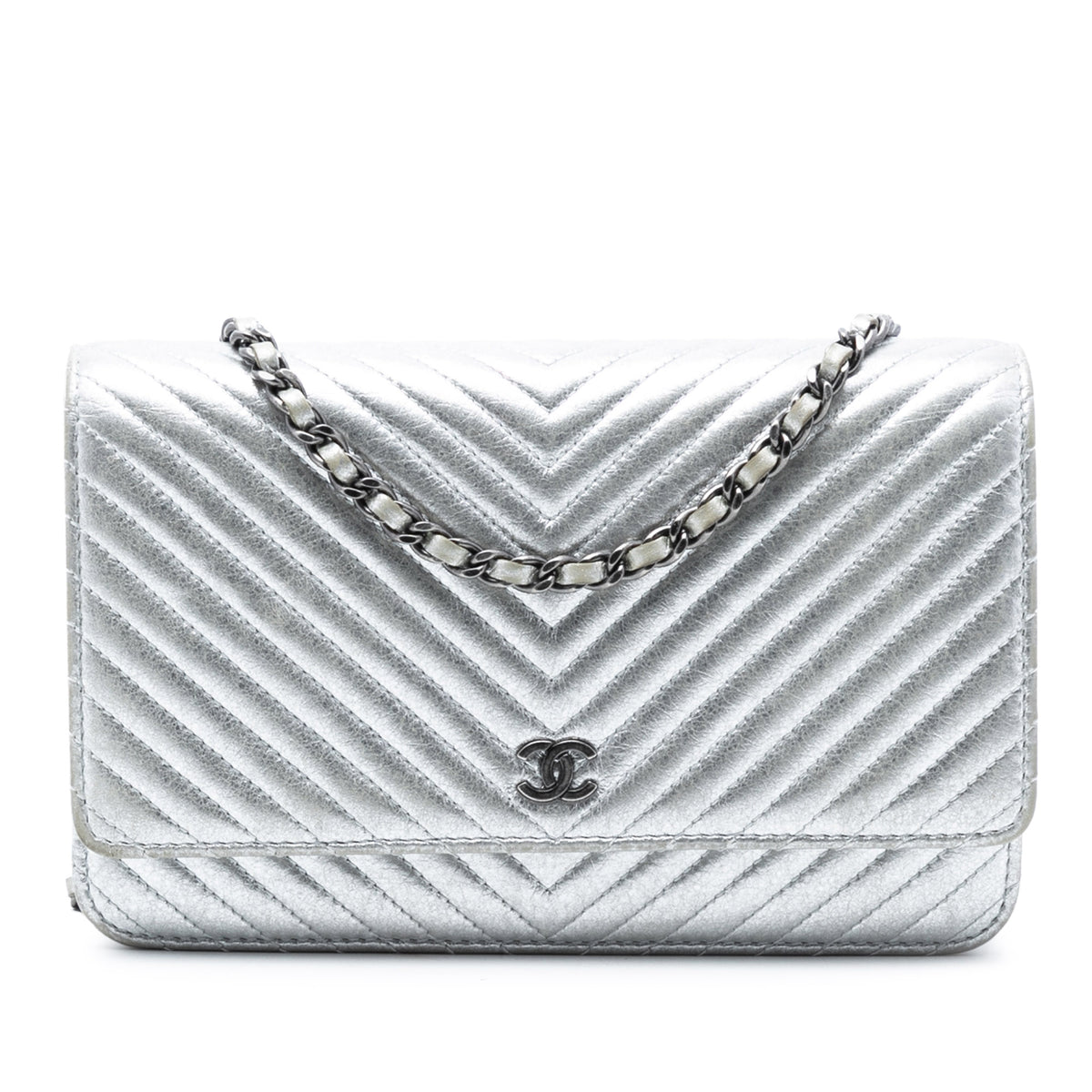 CC Chevron Metallic Lambskin Wallet On Chain