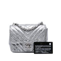 Mini Square Classic Chevron Metallic Crumpled Patent Single Flap
